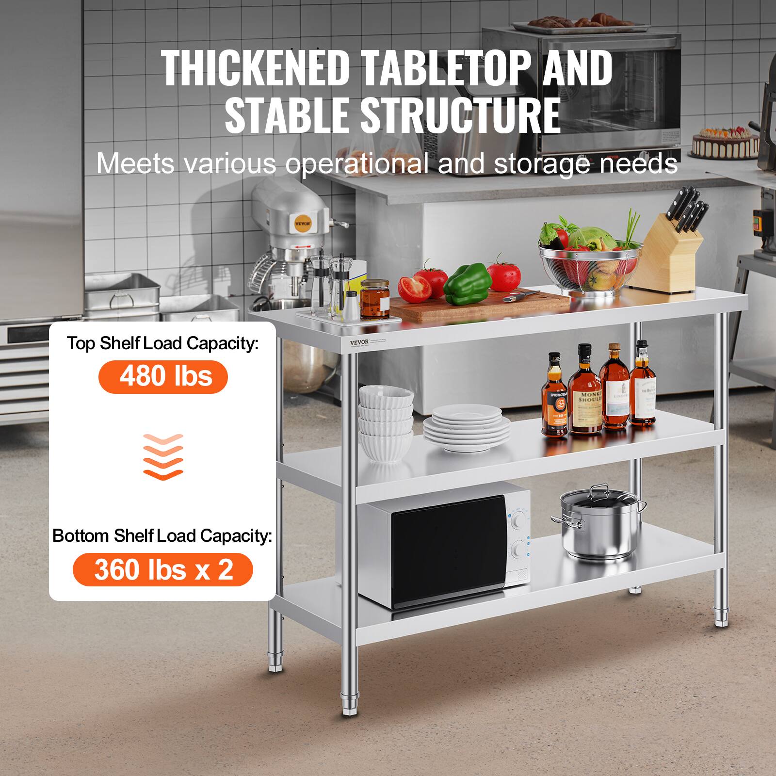 THICKENED TABLETOP AND STABLE STRUCTURE  
Meets various operational and storage needs  

Top Shelf Load Capacity:  
480 lbs  

Bottom Shelf Load Capacity:  
360 lbs x 2