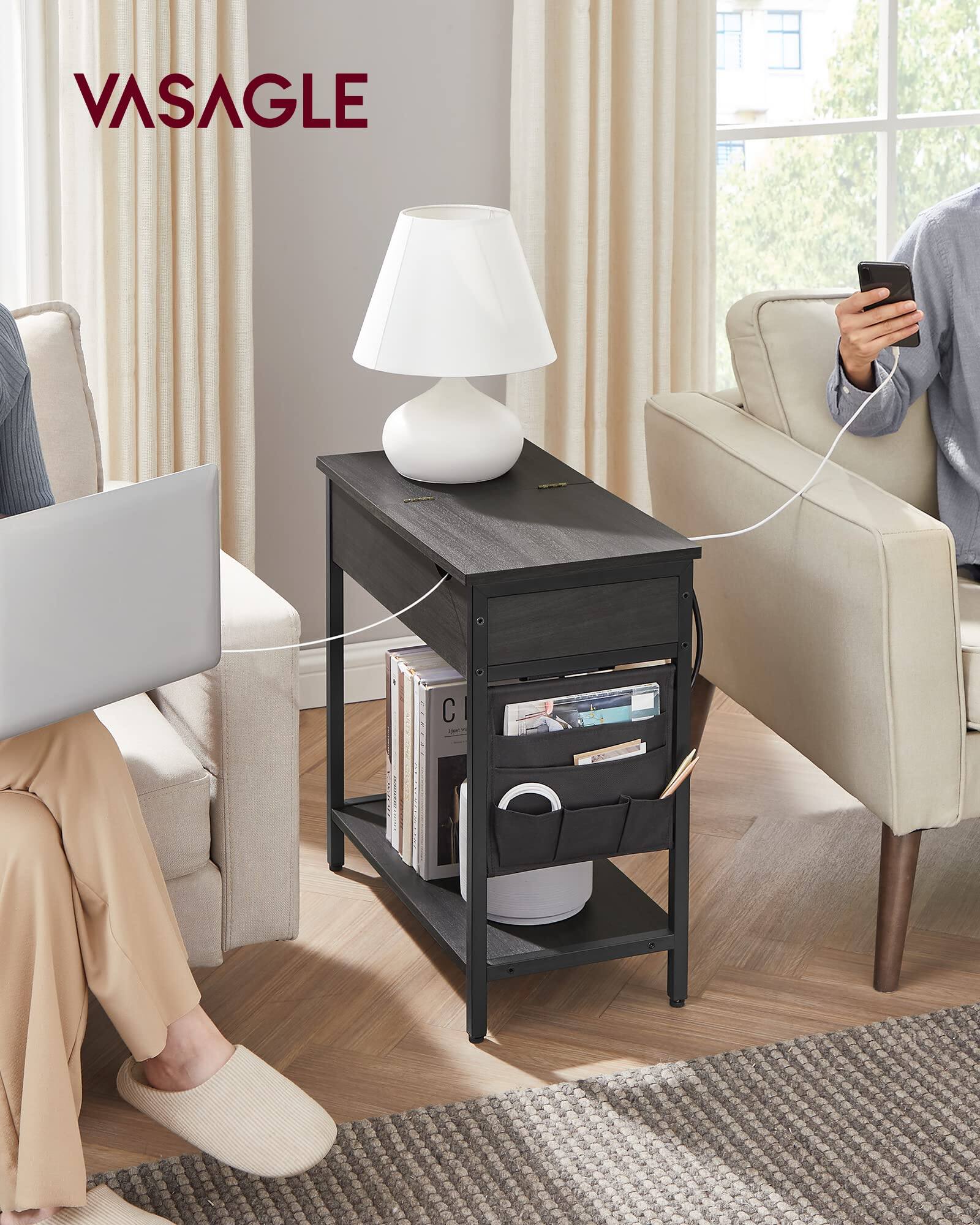 Alt View 6. Songmics Home - Side Table with Charging Station Ebonized Oak and Black Finish - Oak.