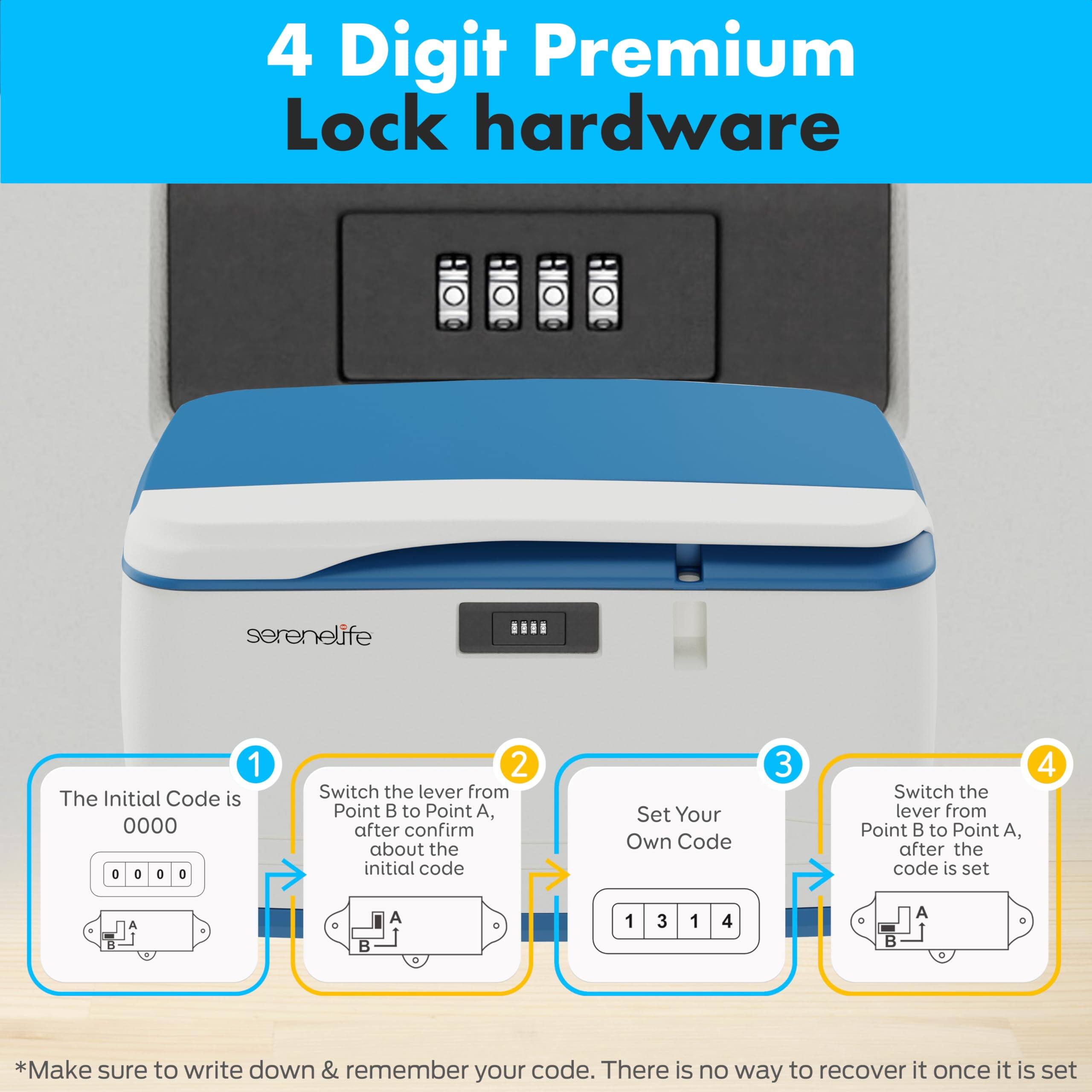 4 Digit Premium Lock hardware

1. The Initial Code is 0000
   - Switch the lever from Point B to Point A, after confirm about the initial code

2. Set Your Own Code
   - Switch the lever from Point B to Point A, after the code is set

3. *Make sure to write down & remember your code. There is no way to recover it once it is set
