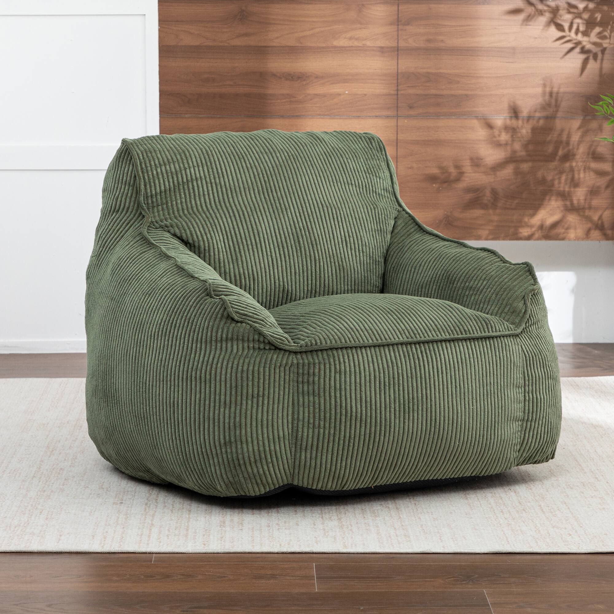 Angle. GOODSILO - Large Corduroy Bean Bag Sofa Chair with Armrests and Included Filler for Living Room and Bedroom - Green.