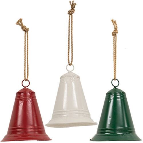 Front. BreeBe - Painted Metal Christmas Bell Ornament Large 3 Asstd. - Red, Green, White.