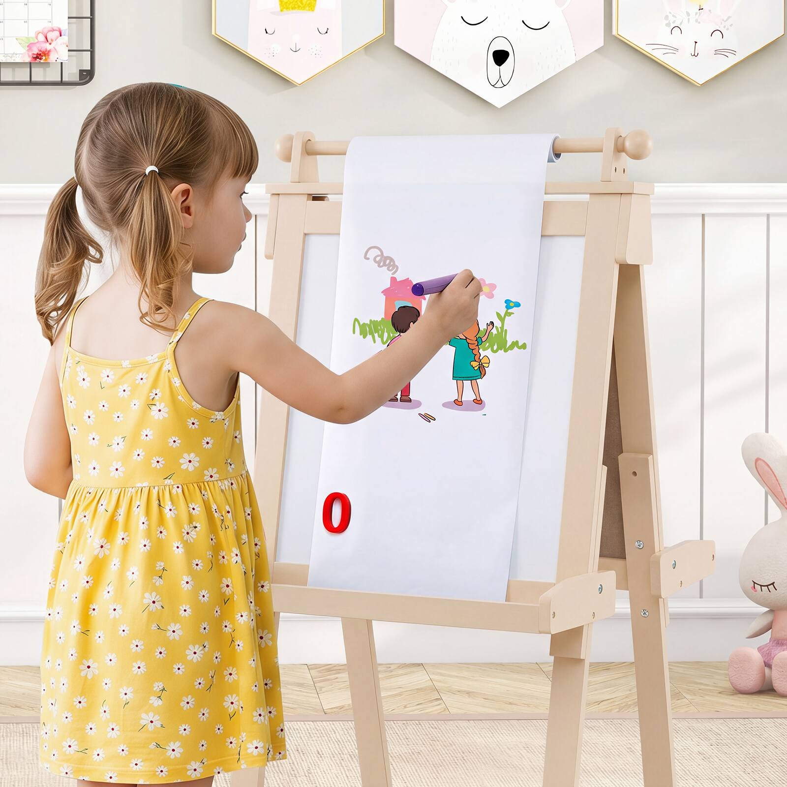 Alt View 1. Costway - Costway 3-In-1 Kids Art Easel with Magnetic White Board, Chalkboard, Paper Roll & Holder - Natural.