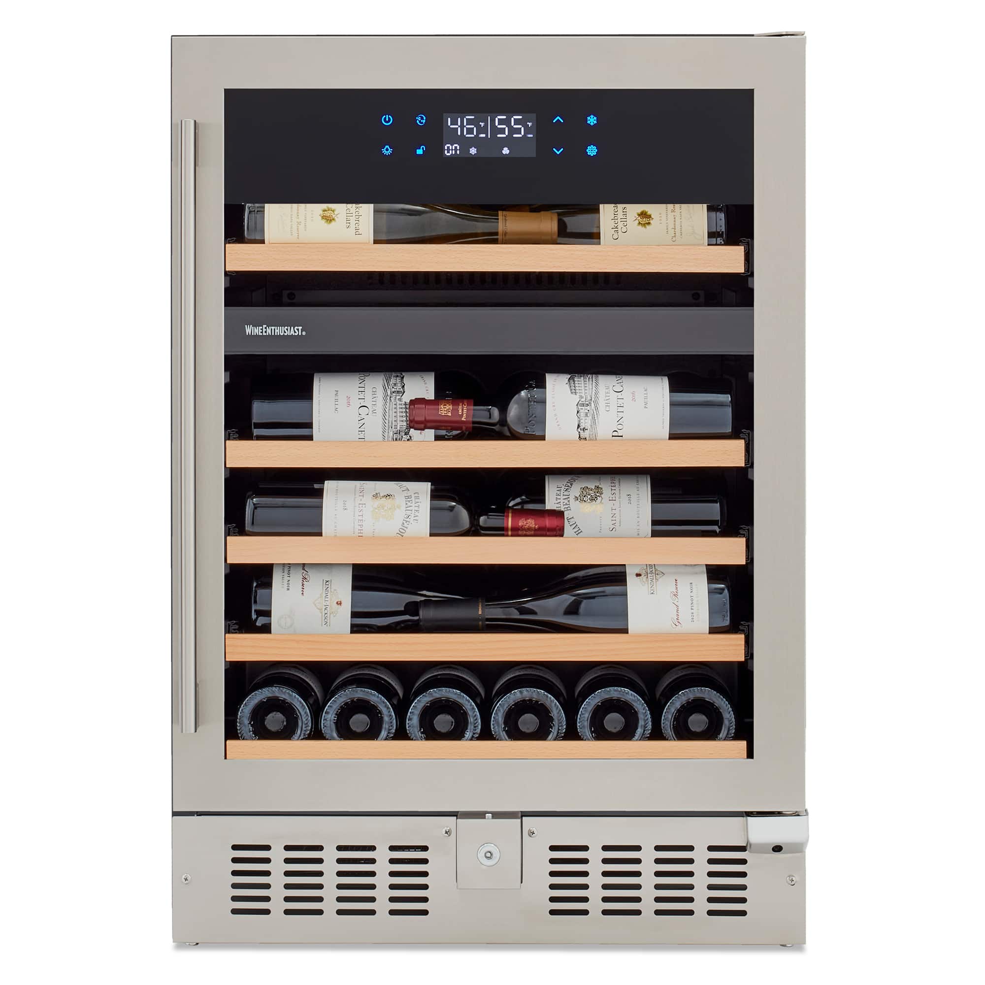 Front. Wine Enthusiast - SommSeries2 46 Bottle Dual Zone with VinoView Display Shelving - Stainless Steel.