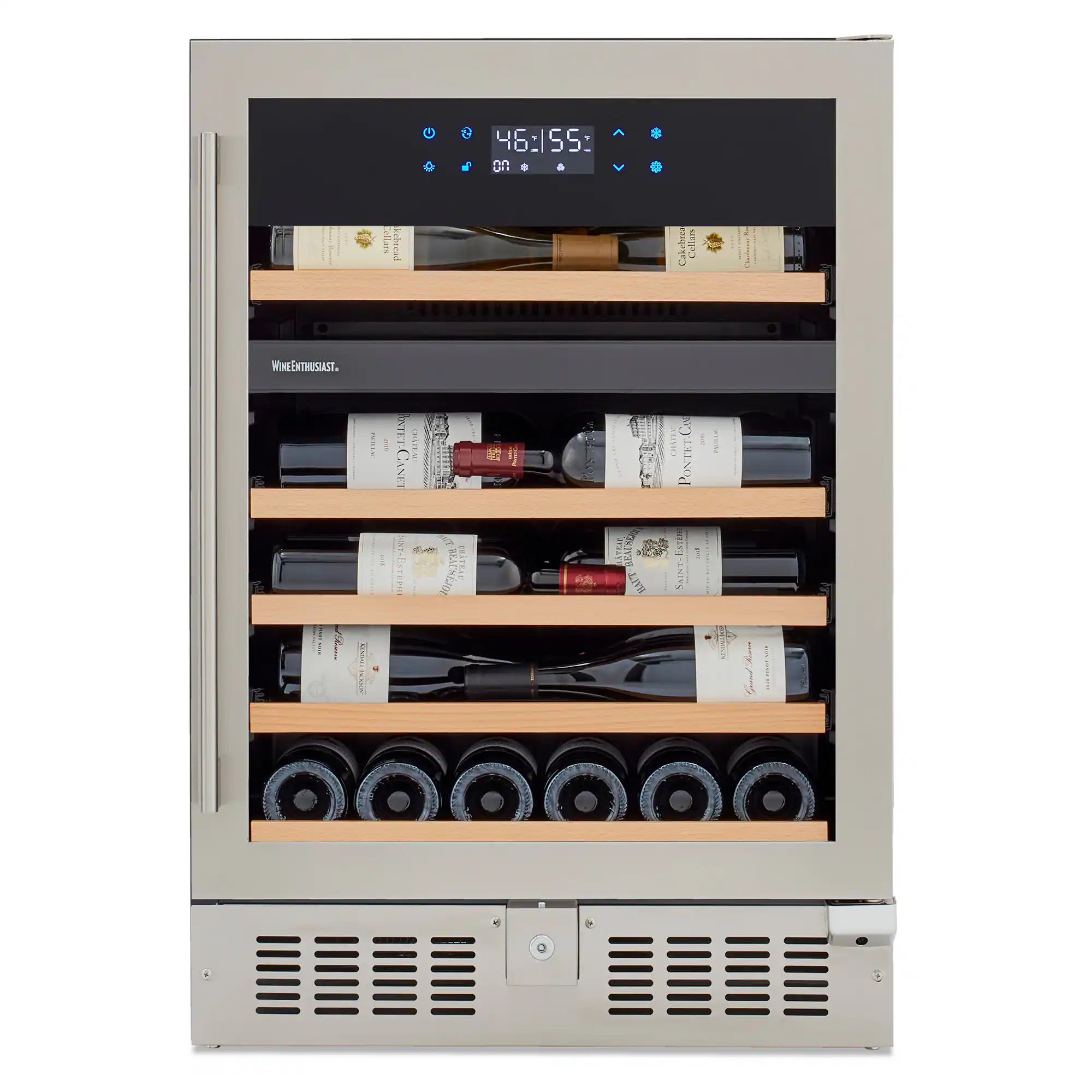 Front. Wine Enthusiast - SommSeries2 46 Bottle Dual Zone with VinoView Display Shelving - Stainless Steel.