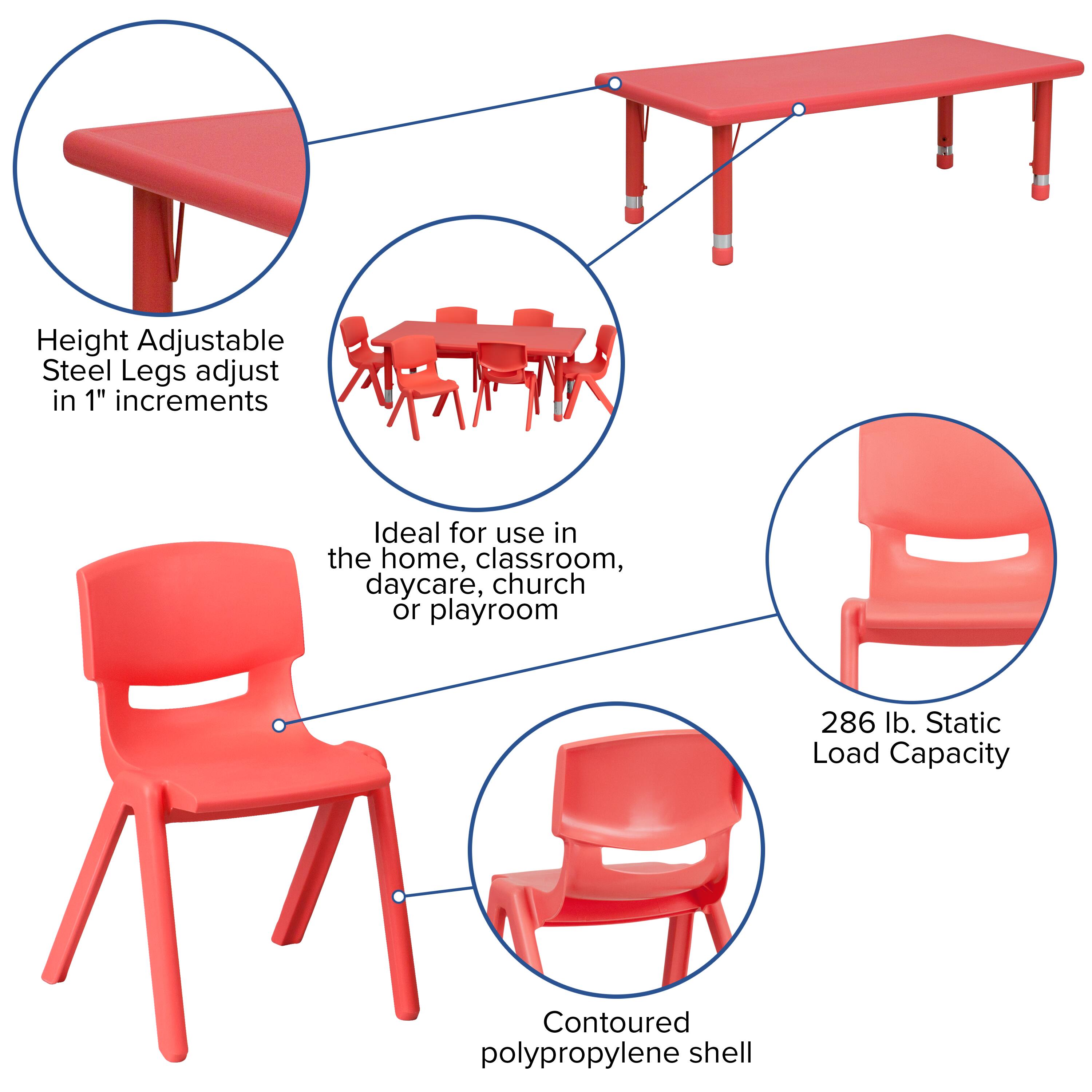 Height Adjustable Steel Legs adjust in 1" increments  
Ideal for use in the home, classroom, daycare, church or playroom  
286 lb. Static Load Capacity  
Contoured polypropylene shell
