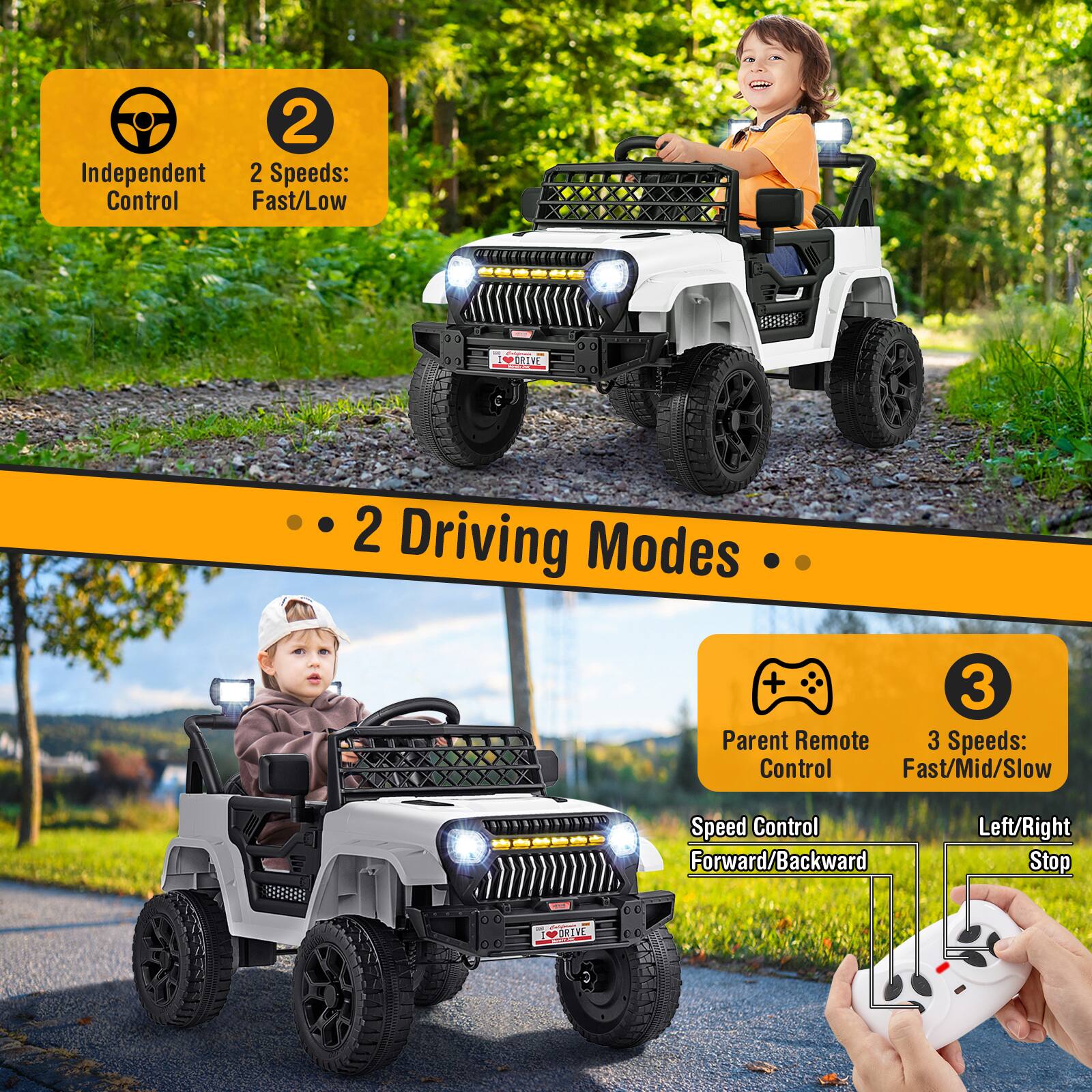 2 Independent Control  
2 Speeds: Fast/Low  

2 Driving Modes  

Parent Remote Control  
3 Speeds: Fast/Mid/Slow  
Speed Control Forward/Backward  
Left/Right Stop