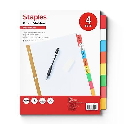 Staples Paper Dividers  
Write and Erase  
4 SETS  

Write and erase with a ballpoint pen or pencil  
Gold-reinforced holes for durability  
20% Recycled  

CALCULATIONS  
PROJECTS  
TASKS  
POSTS  
BUDGET  
LETTERS  
8  
4  
MTS