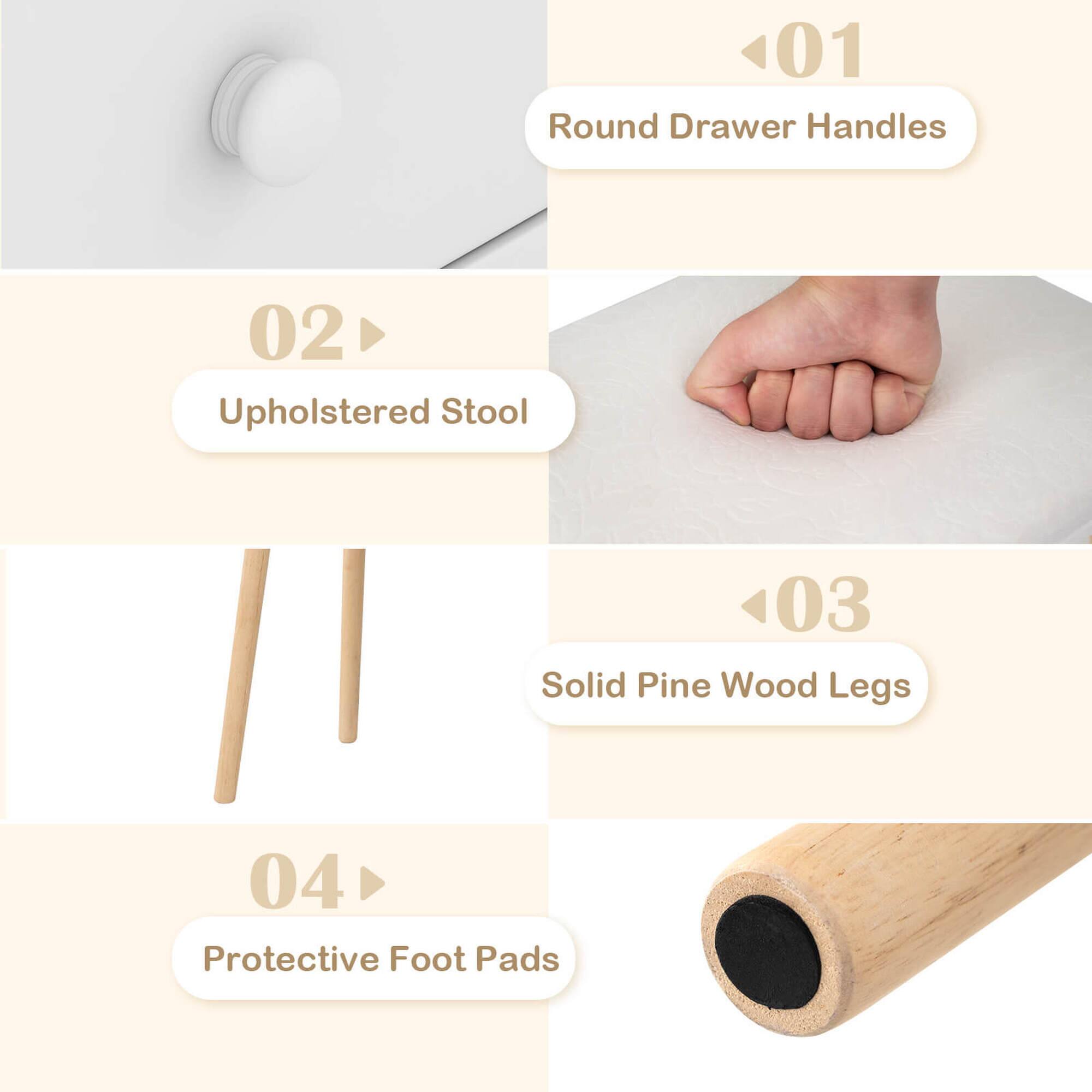 01 Round Drawer Handles  
02 Upholstered Stool  
03 Solid Pine Wood Legs  
04 Protective Foot Pads
