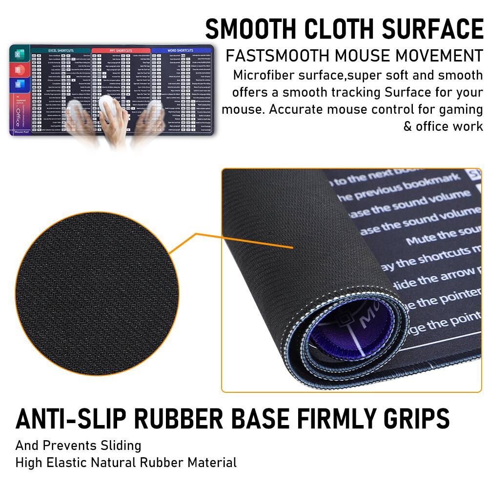 **SMOOTH CLOTH SURFACE**  
FASTSMOOTH MOUSE MOVEMENT  
Microfiber surface, super soft and smooth, offers a smooth tracking surface for your mouse. Accurate mouse control for gaming & office work

**ANTI-SLIP RUBBER BASE FIRMLY GRIPS**  
And Prevents Sliding  
High Elastic Natural Rubber Material