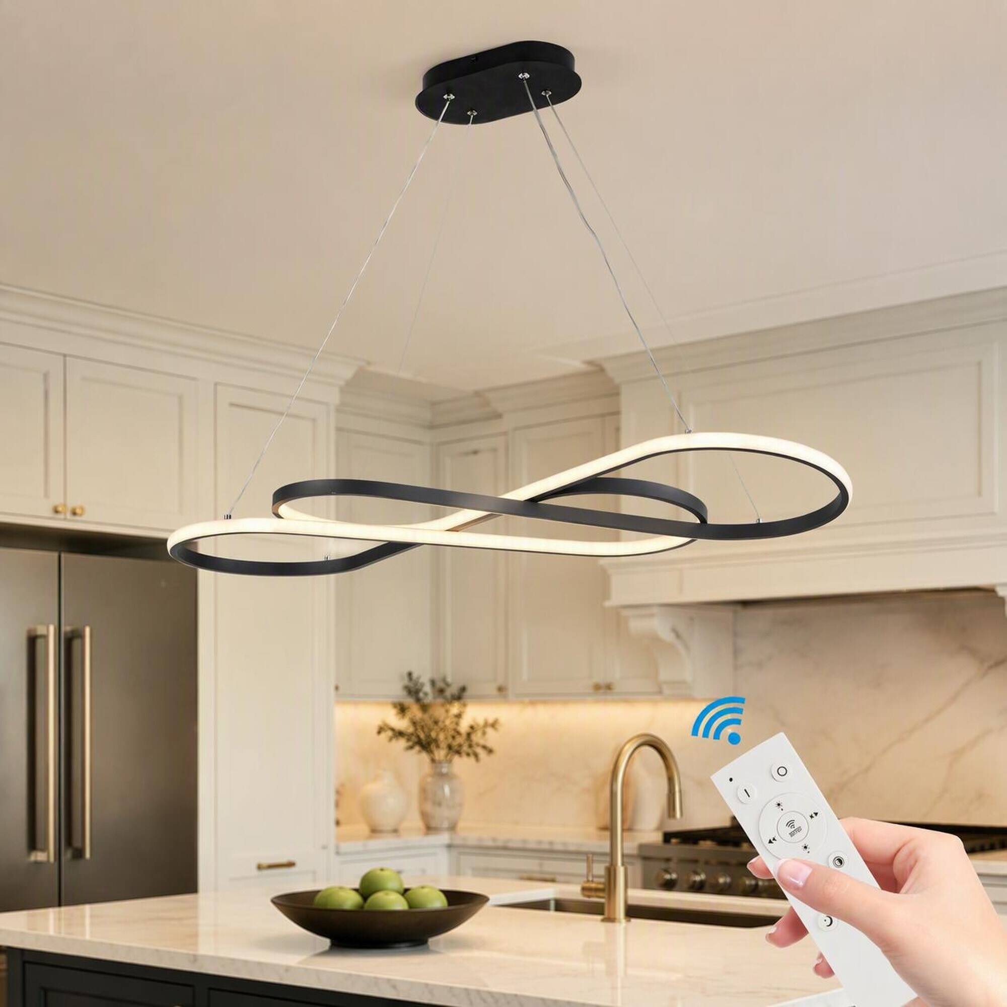 Front. RYHNUYNE - Modern Black LED Pendant Light, Infinity Design Hanging Ceiling Fixture Adjustable Height Dimmable - Black.