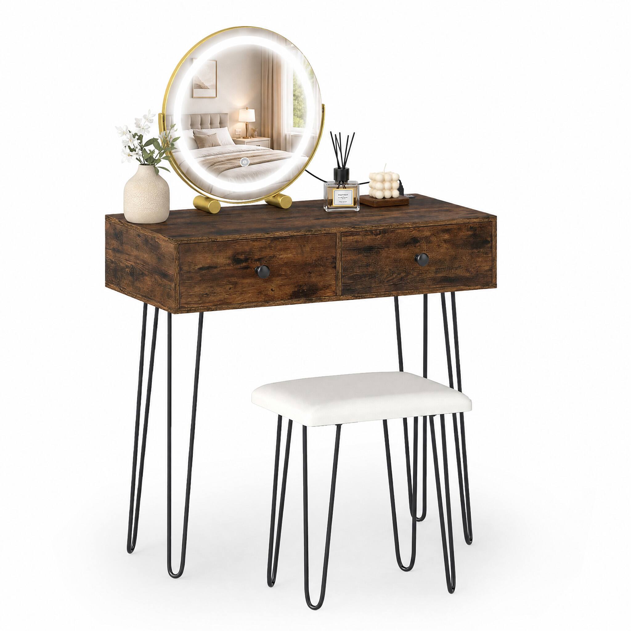 Alt View 3. WELLFOR - Makeup Vanity Desk with LED Lighted Mirror & Charging Station, Vanity Table Set with  Stool & 2 Drawers - Rustic Brown.