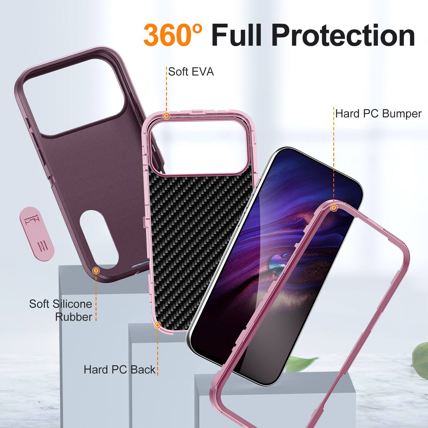 360° Full Protection

- Soft EVA
- Hard PC Bumper
- Soft Silicone Rubber
- Hard PC Back