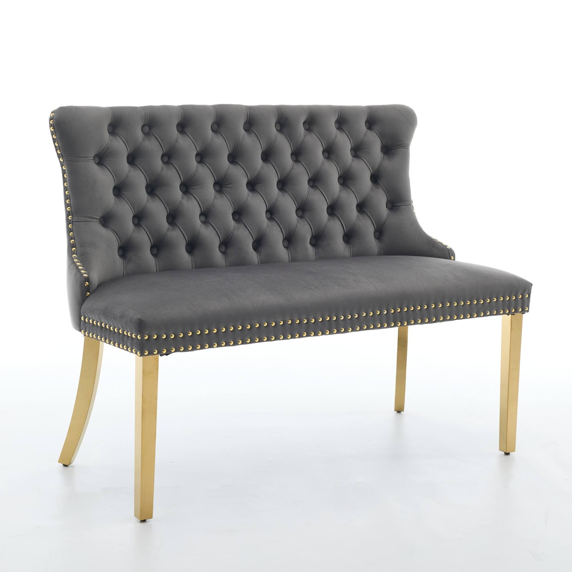 Back. GOODSILO - Velvet Tufted Double Seater Dining Bench with Gold Accent Legs for Kitchen and Dining Room Seating - Gray.