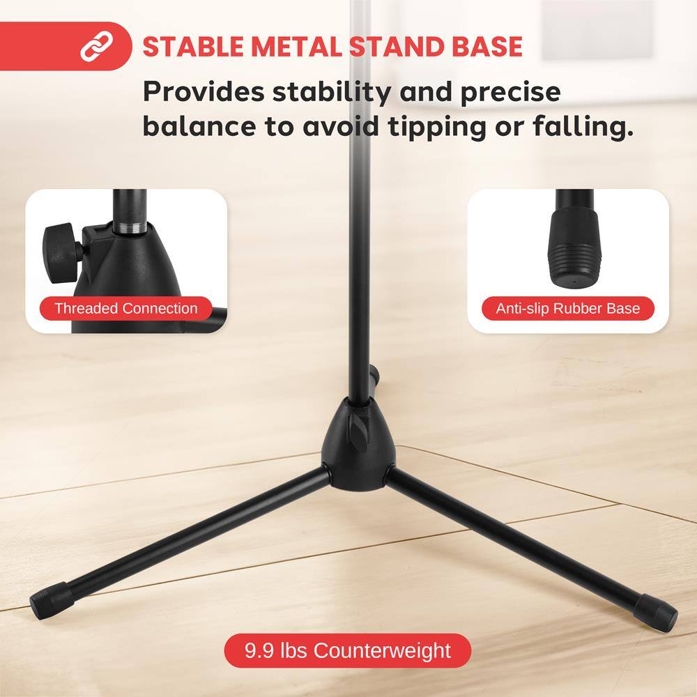 STABLE METAL STAND BASE  
Provides stability and precise balance to avoid tipping or falling.  

Threaded Connection  
Anti-slip Rubber Base  

9.9 lbs Counterweight