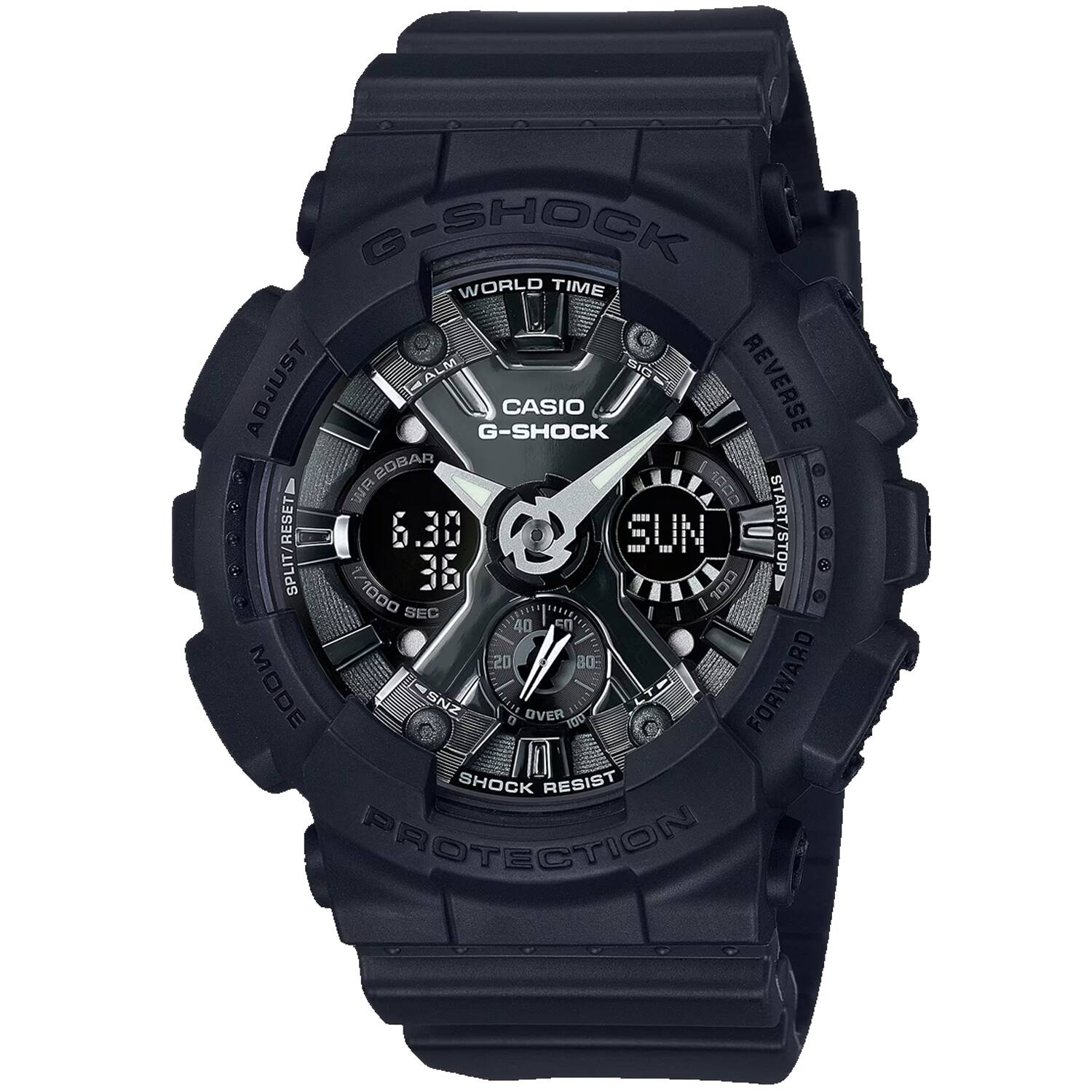 G-SHOCK WORLD TIME  
CASIO G-SHOCK  
REVERSE  
ROBAR  
6.30 SUN  
36  
1000 SEC  
EEETO  
40  
EN  
20  
MODE  
SNZ  
1st  
OVER  
100  
FORWARD  
SHOCK RESIST  
PROTECTION