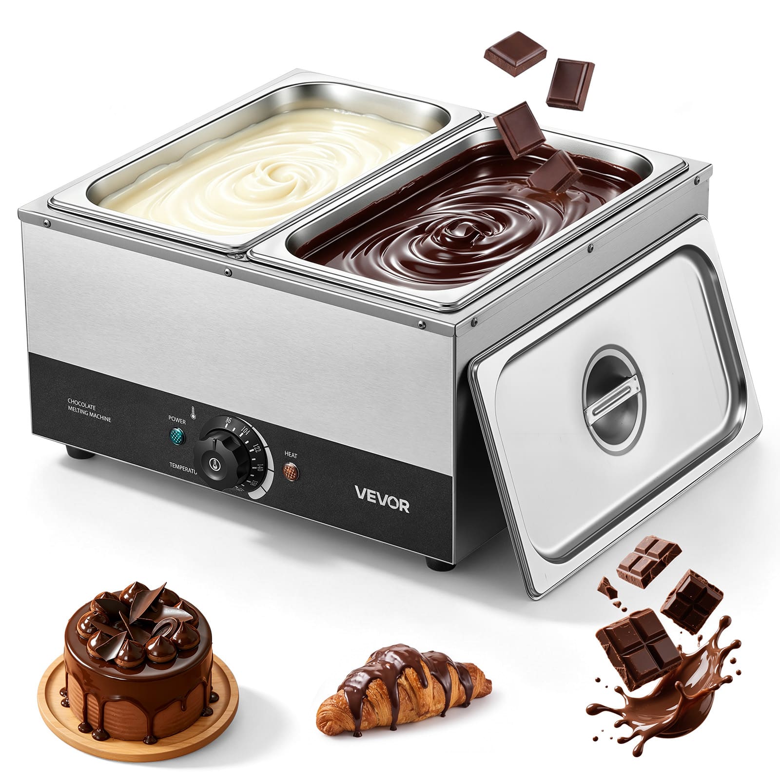 VEVOR - Chocolate Melting Machine, 2 Tanks 17.6 Lbs Choc Commercial Melter, 1200W High Power, Water Bath Heating System - Silver;Black