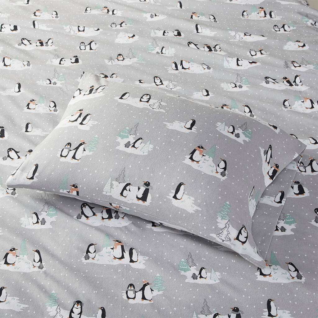 Gracie Mills - Persephone Cotton Flannel Sheet Set - Grey Penguins