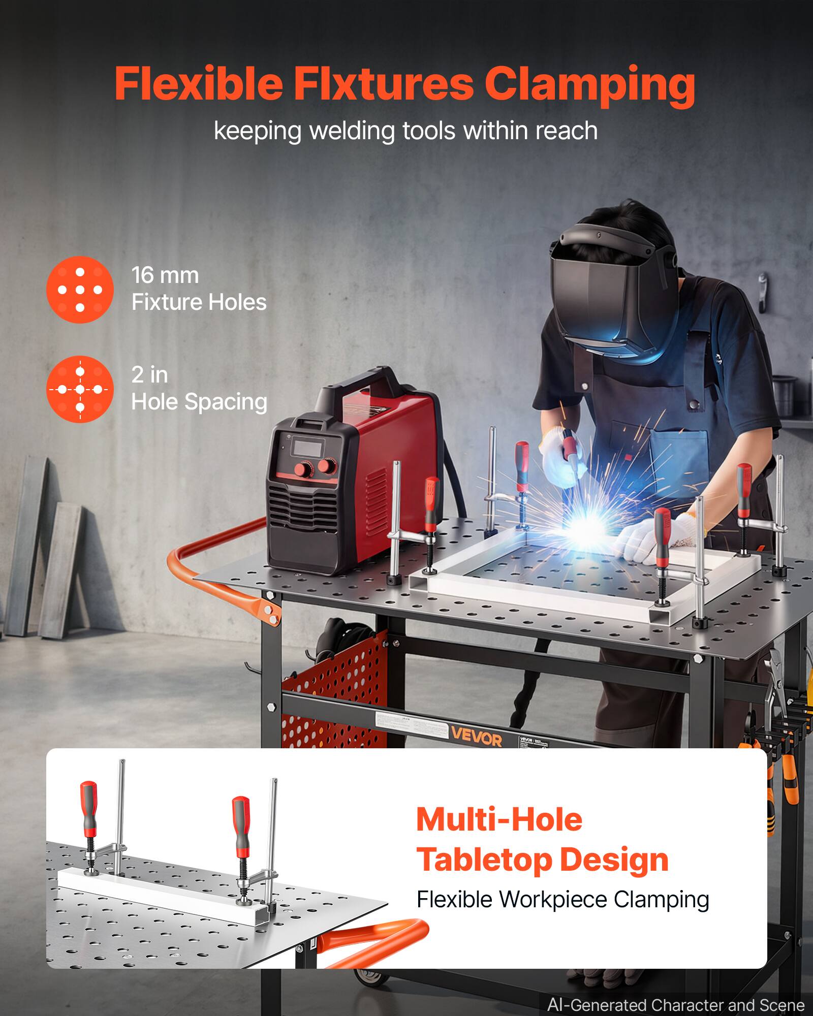 Flexible Fixtures Clamping  
keeping welding tools within reach

16 mm Fixture Holes  
2 in Hole Spacing

Multi-Hole Tabletop Design  
Flexible Workpiece Clamping

AI-Generated Character and Scene