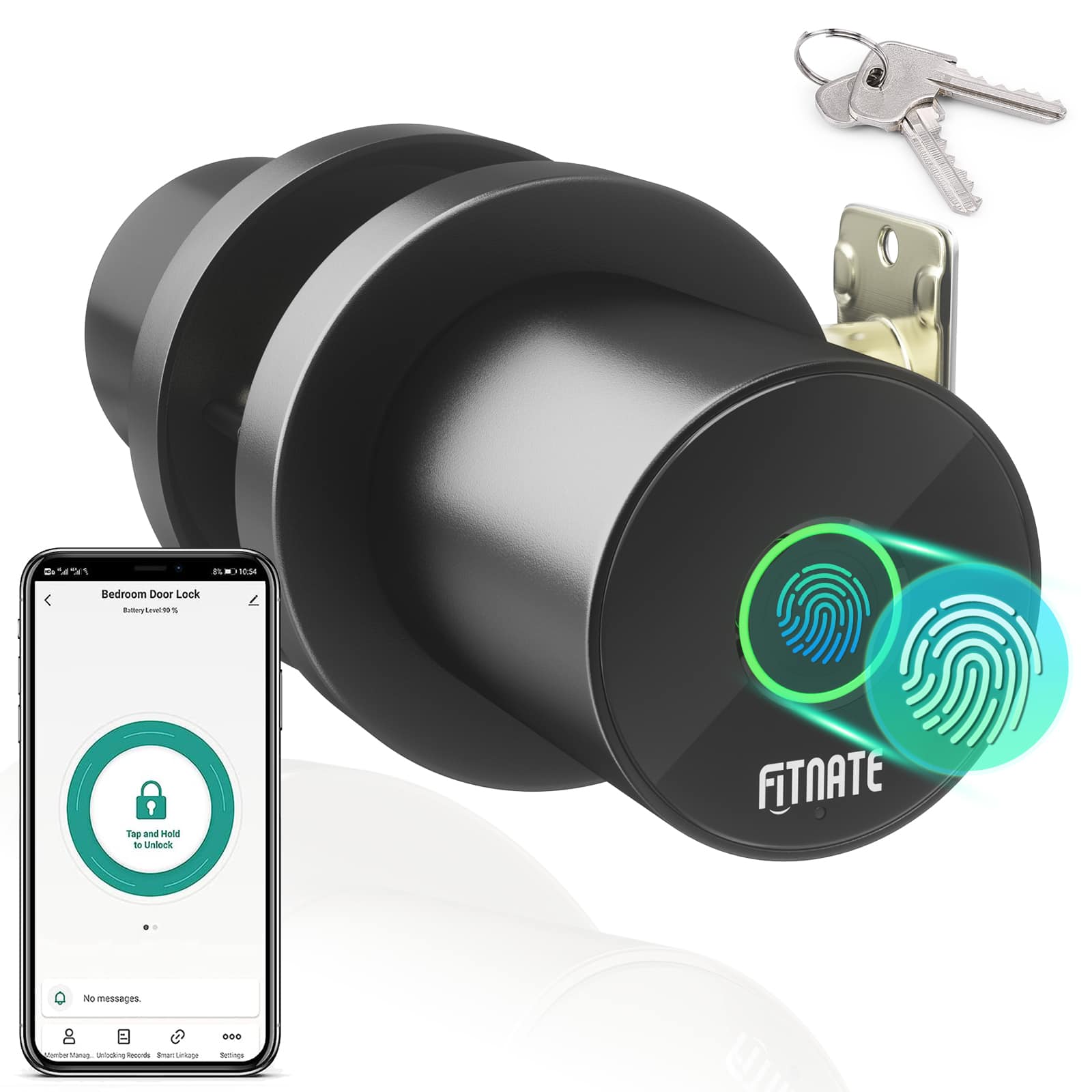 Fitnate - Biometric Digital Door Lock Fingerprint Door knob with App Control for Home - Black
