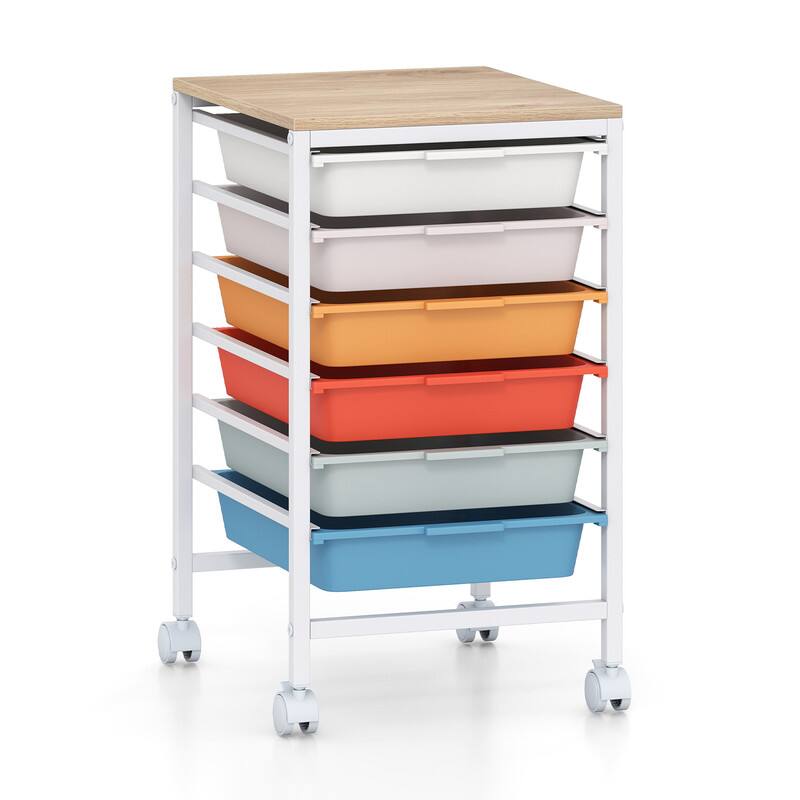 Alt View 3. WELLFOR - 6-Drawer Rolling Storage Cart with Wooden Tabletop, Mobile Utility Organizer for Art & Craft Office School Storage - Macaron.