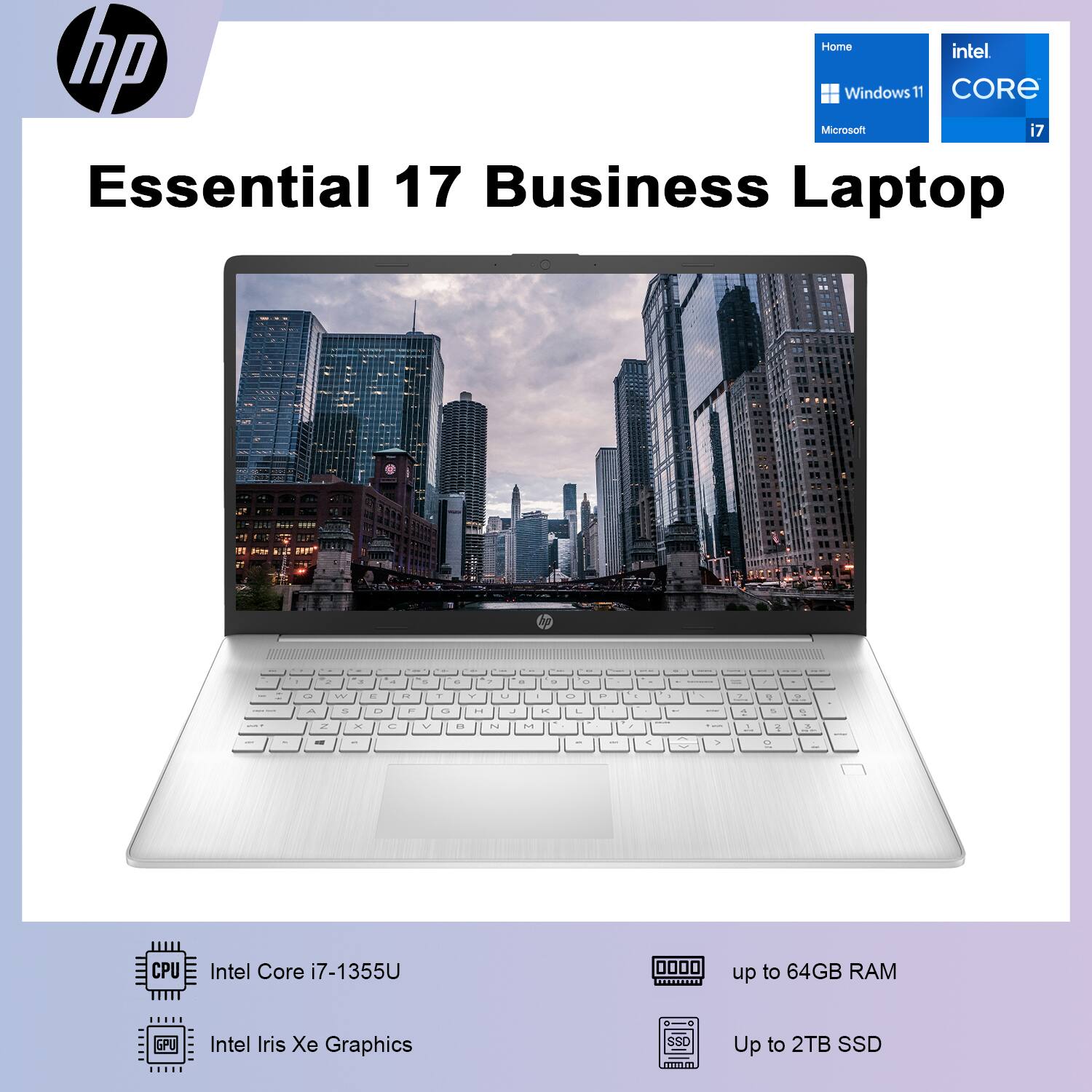 Home Intel CORE Microsof Windows 11 Essential 17 Business Laptop

CPU: Intel Core i7-1355U
GPU: Intel Iris Xe Graphics
RAM: up to 64GB
SSD: Up to 2TB SSD