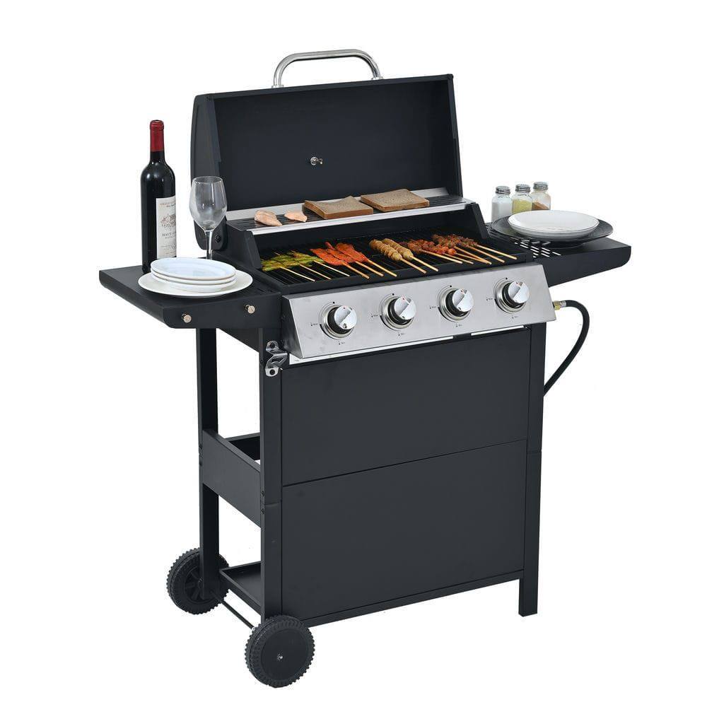 Front. Resenkos - Propane Gas Grill 4 Burner Barbecue Grill, Stainless Steel 34,000 BTU Patio Garden Barbecue Grill, Black.