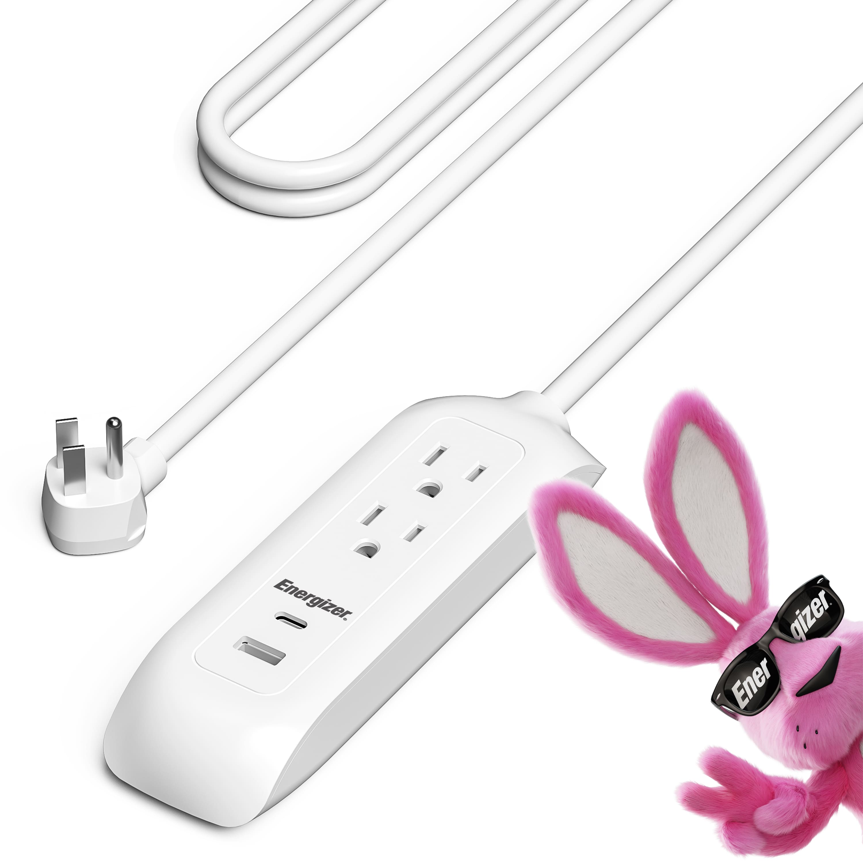 Energizer - 4 Device 3ft Power Strip – Multi Plug Wall Outlet Extender with USB-C & USB-A Ports, Outlet Splitter Adapter - White