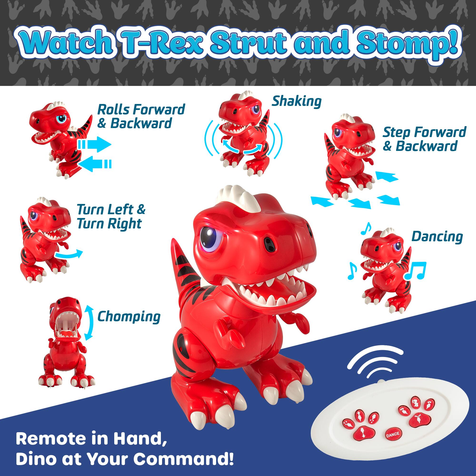 Watch T-Rex Strut and Stomp! Rolls Forward & Backward Shaking Step Forward & Backward Turn Left & Turn Right Dancing Chomping Remote in Hand, Dino at Your Command!  ! DANCE