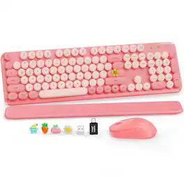 PRIMEPLUS - Wireless Keyboard & Mouse, Round Keycaps, Magnetic Wrist Rest, Retro Typewriter, 2.4G, Auto Sleep, Purple, Mac/Windows - Baby Pink