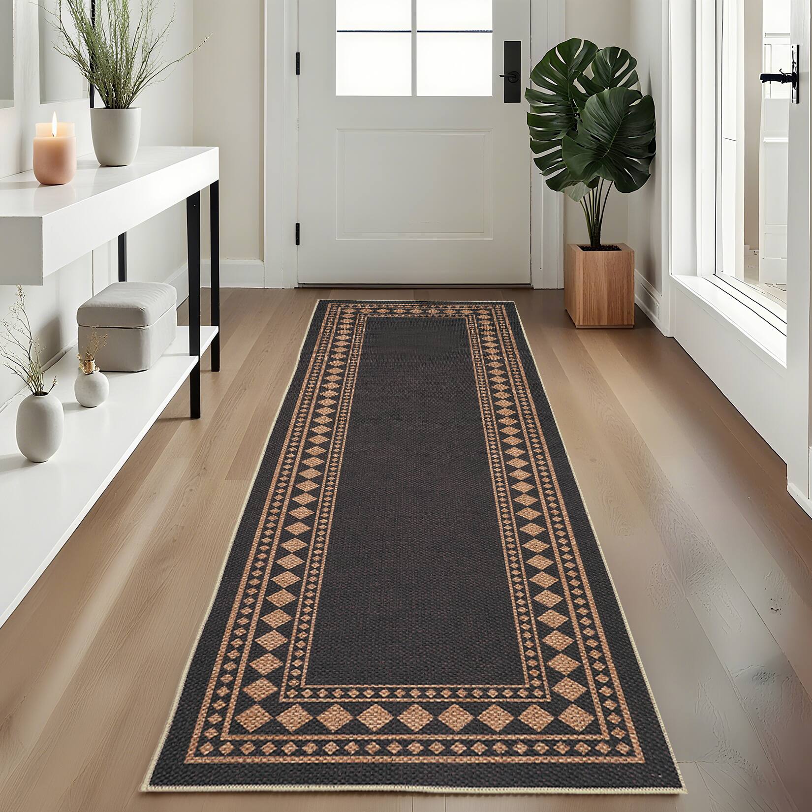 Angle. Jojoka - Modern Geometric Border Area Rug Minimalist Machine Washable Non Slip Ultra Thin Low Pile Carpet for High Traffic Areas - Black Coffee.