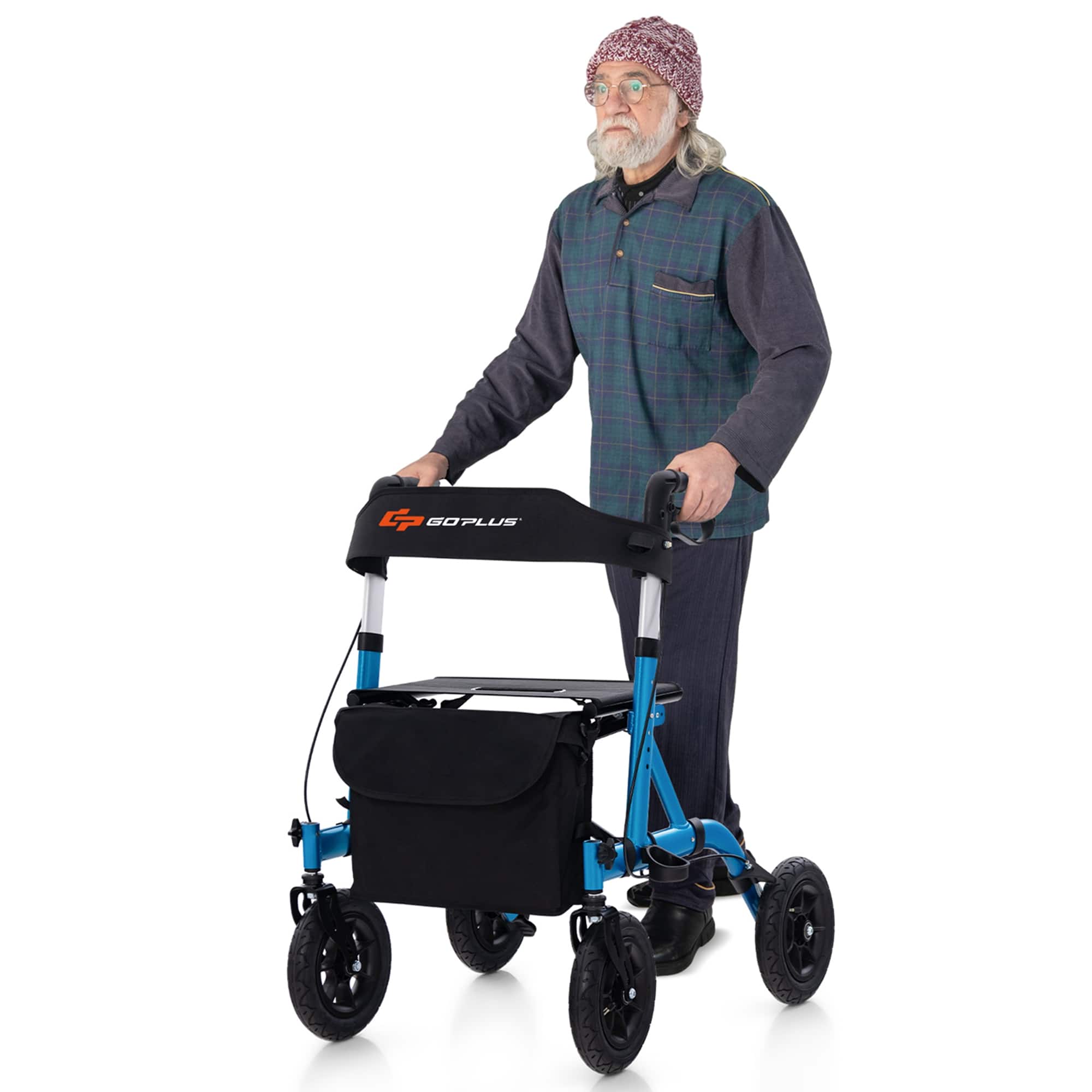 Front. Costway - Costway Foldable Height Adjustable Rollator Walker with Seat, Storage Bag for Seniors Blue - Blue.