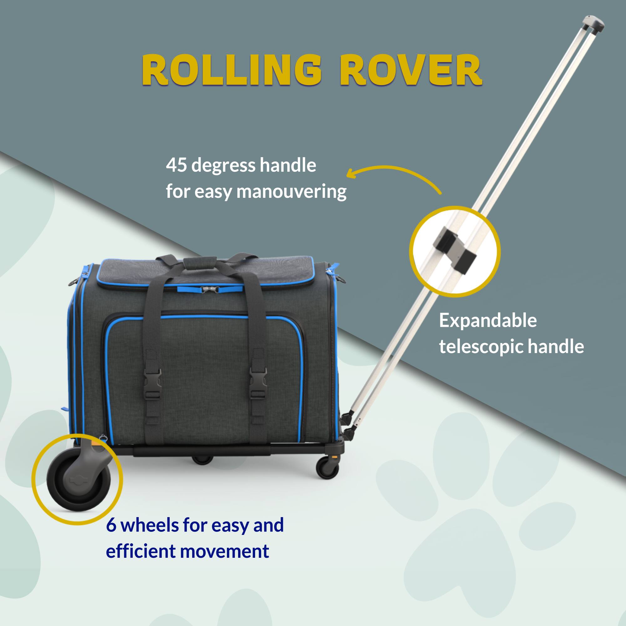 ROLLING ROVER

45 degrees handle for easy maneuvering

Expandable telescopic handle

6 wheels for easy and efficient movement