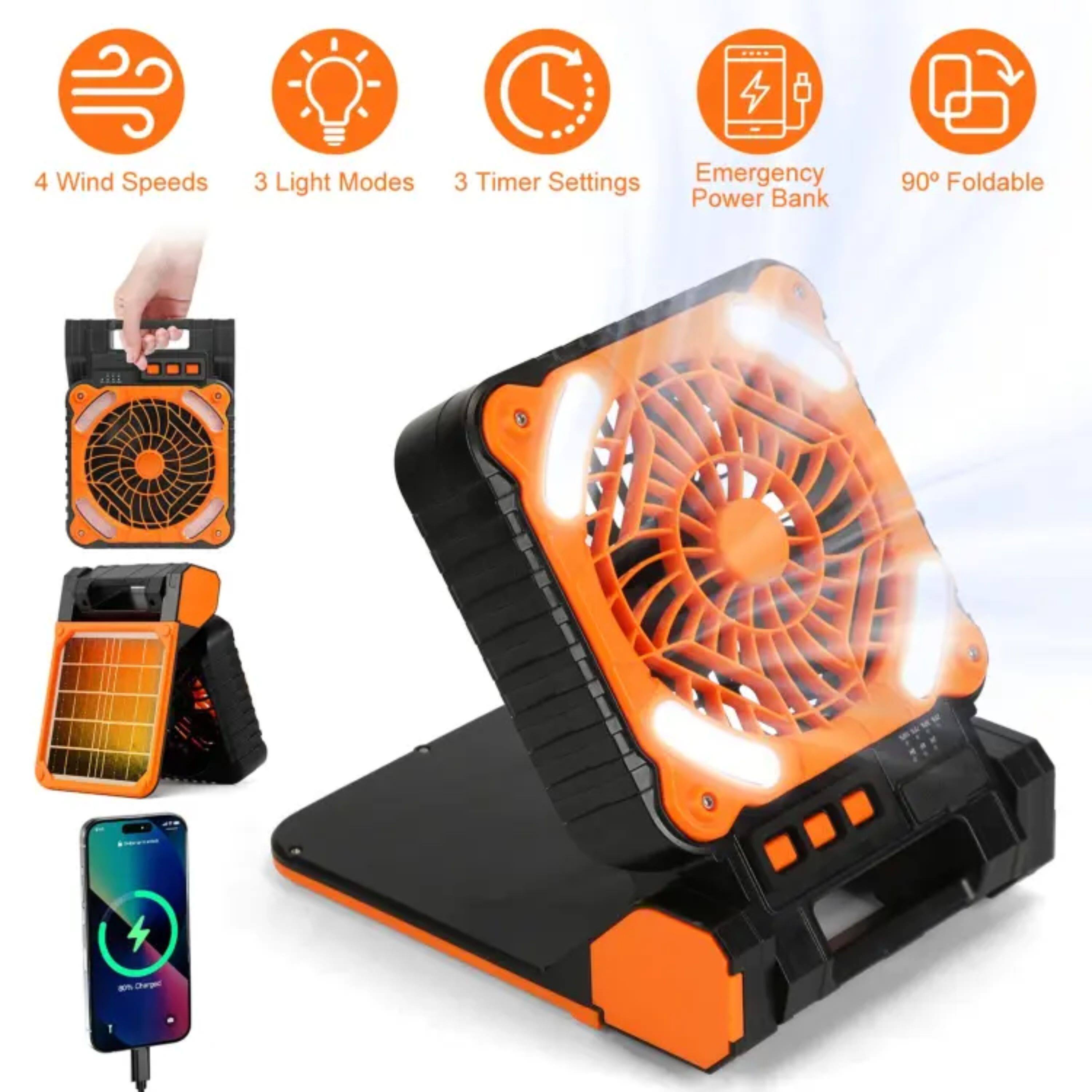 4 Wind Speeds  
3 Light Modes  
3 Timer Settings  
Emergency Power Bank  
90° Foldable
