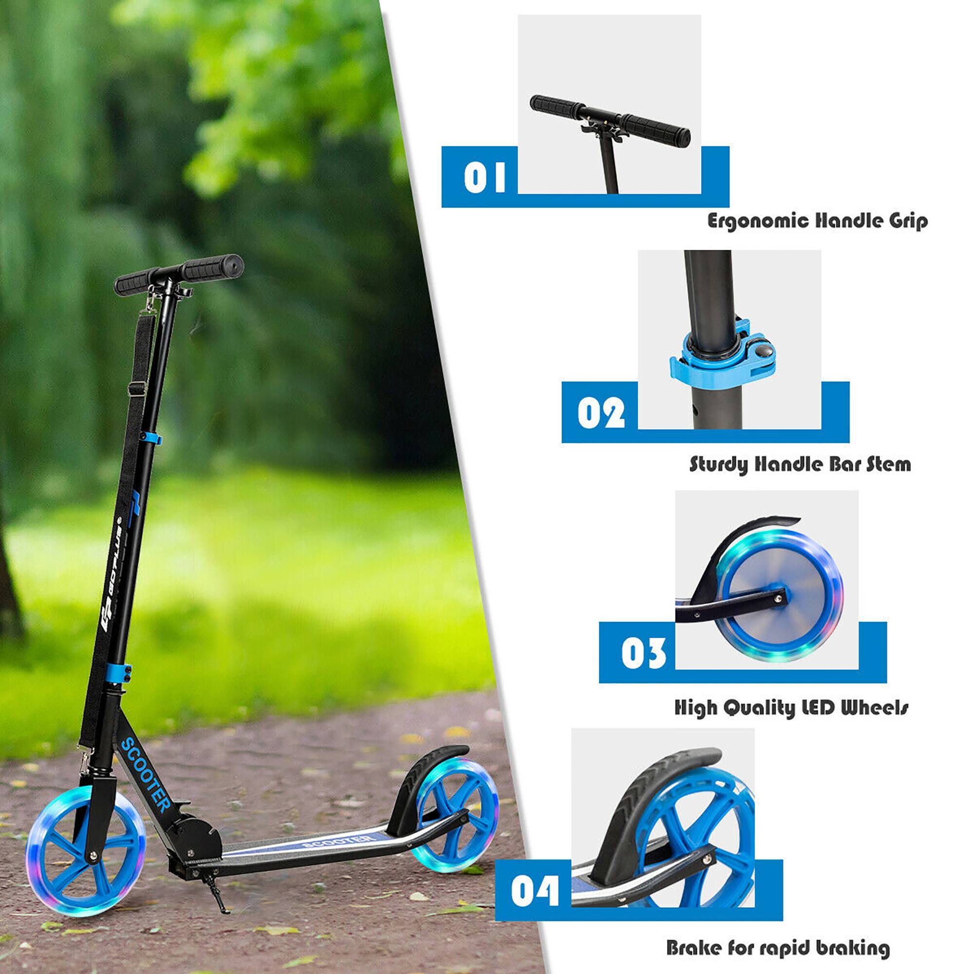 1. Ergonomic Handle Grip  
2. Sturdy Handle Bar Stem  
3. High Quality LED Wheels  
4. Brake for rapid braking
