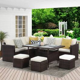 Mondawe - 7-Pieces PE Rattan Wicker Patio Dining Sectional with Cusions - Ivory
