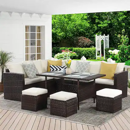Front. Mondawe - 7-Pieces PE Rattan Wicker Patio Dining Sectional with Cusions - Ivory.