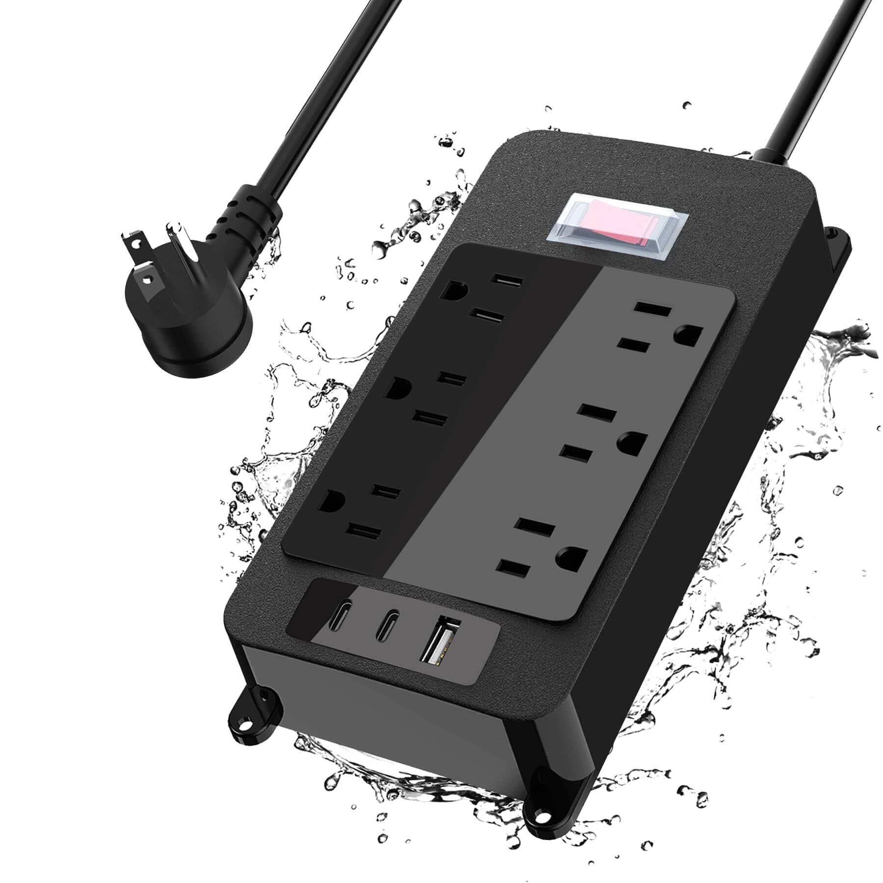 Dazzed Corner - Outdoor Power Strip, 6 Outlets & 2 USB-C, Waterproof Surge Protector, 6FT Cord - Black
