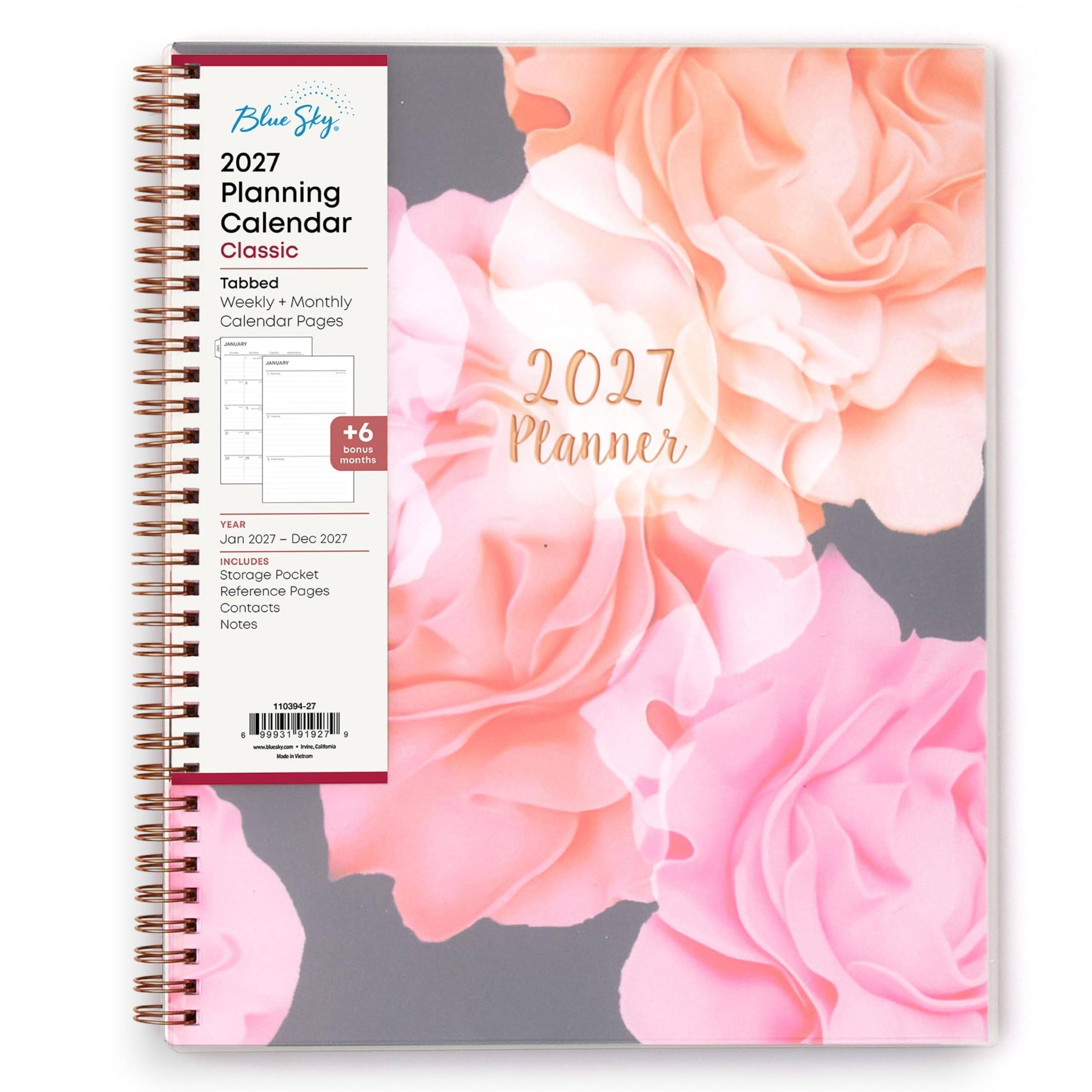 Blue Sky 2027 Planning Calendar Classic  
Tabbed Weekly + Monthly Calendar Pages  
JANUARY  
+6 bonus months  
2027 Planner  
YEAR Jan 2027 - Dec 2027  
INCLUDES Storage Pocket Reference Pages Contacts Notes  
110394-27  
6 99931 91927  
www.blandy.com