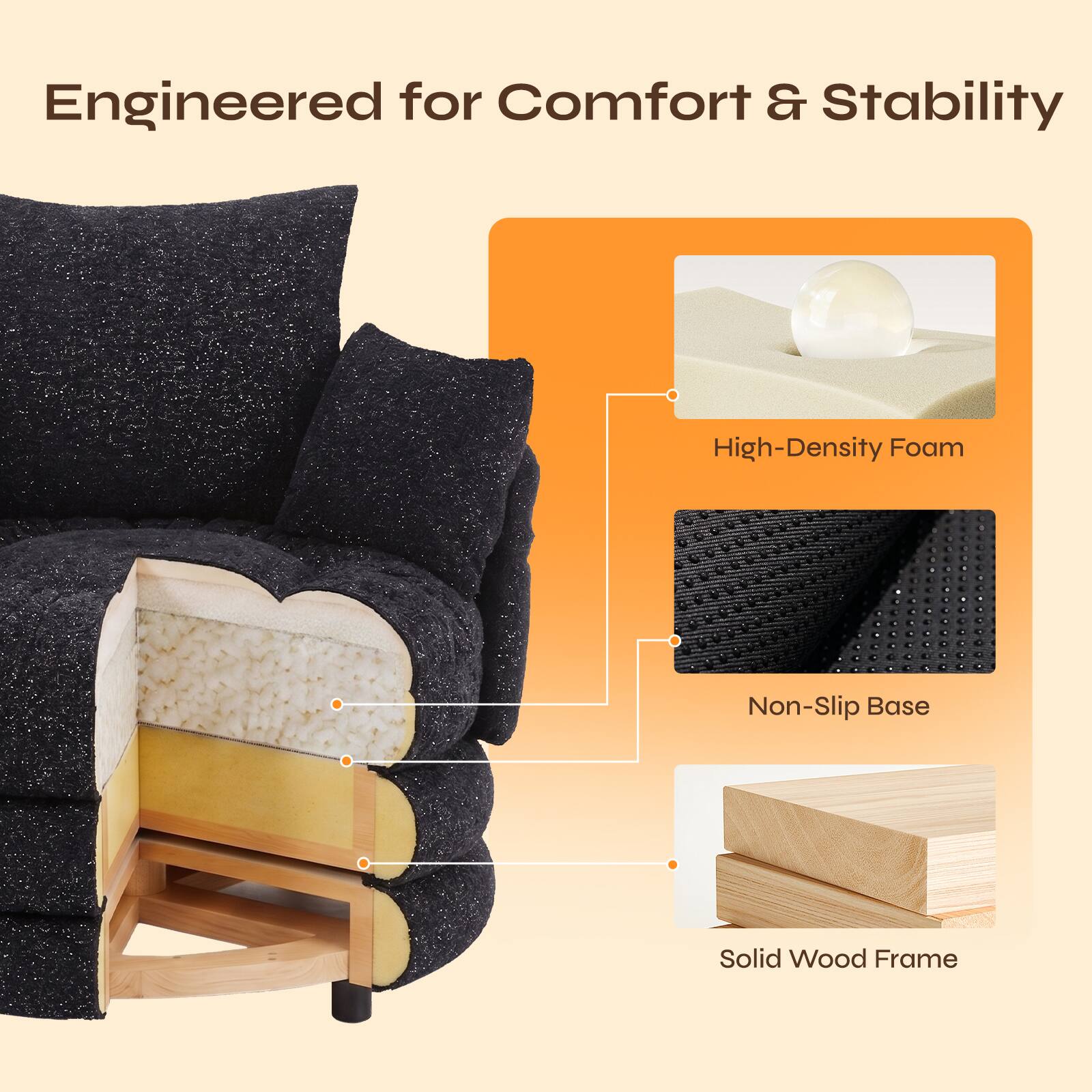 Engineered for Comfort & Stability  
High-Density Foam  
Non-Slip Base  
Solid Wood Frame