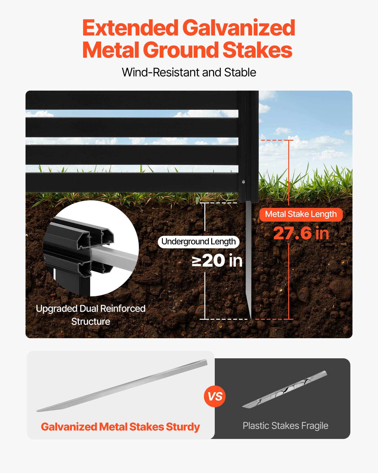 Extended Galvanized Metal Ground Stakes  
Wind-Resistant and Stable  

Underground Length ≥20 in  
Metal Stake Length 27.6 in  

Upgraded Dual Reinforced Structure  

Galvanized Metal Stakes Sturdy  
VS  
Plastic Stakes Fragile