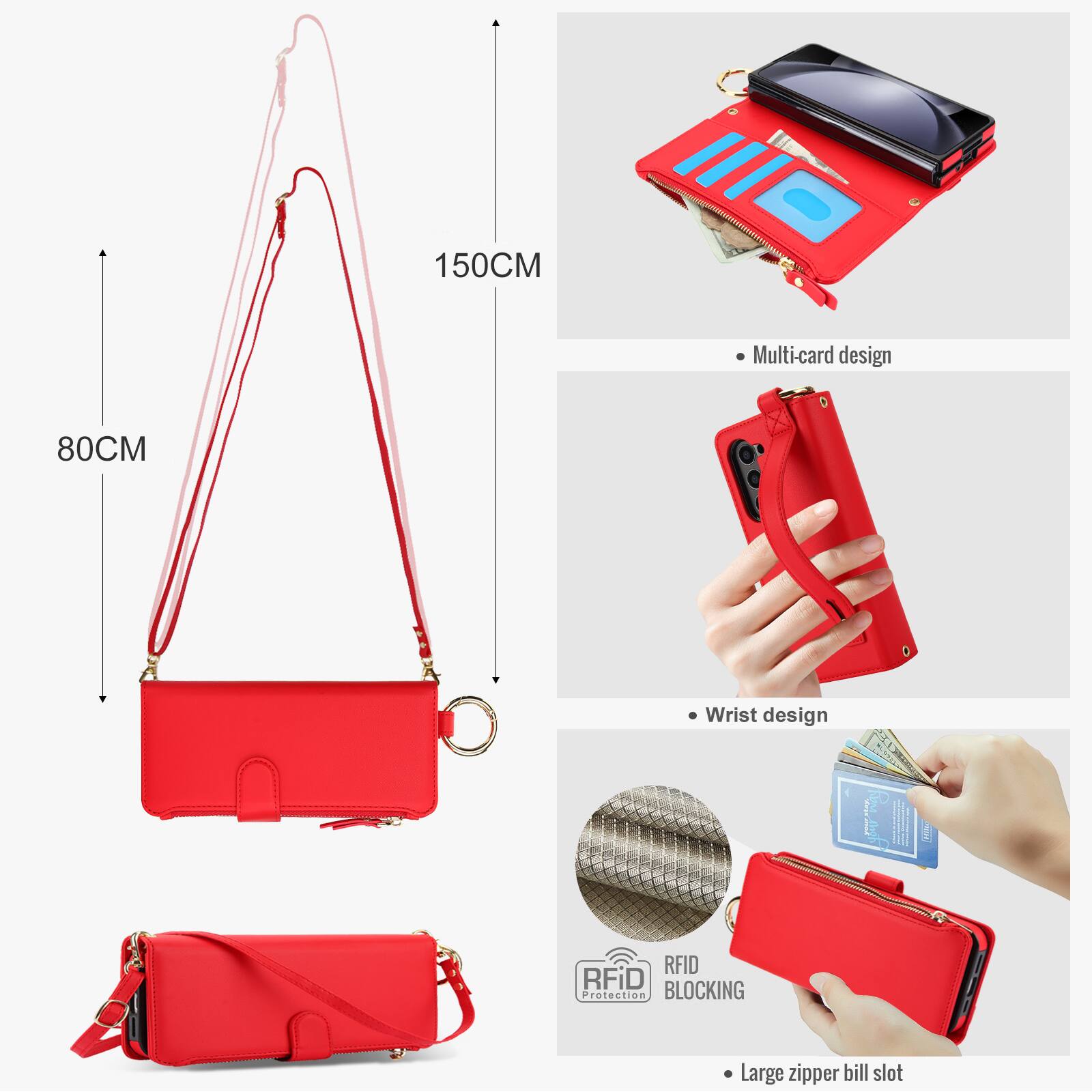 150CM Multi-card design 80CM Wrist design RFID BLOCKING Protection Large zipper bill slot