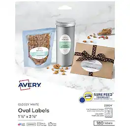 Avery - Easy Peel Laser/Inkjet Oval Labels, 1 1/2" x 2 1/2", 180 Labels/Pack - Glossy White