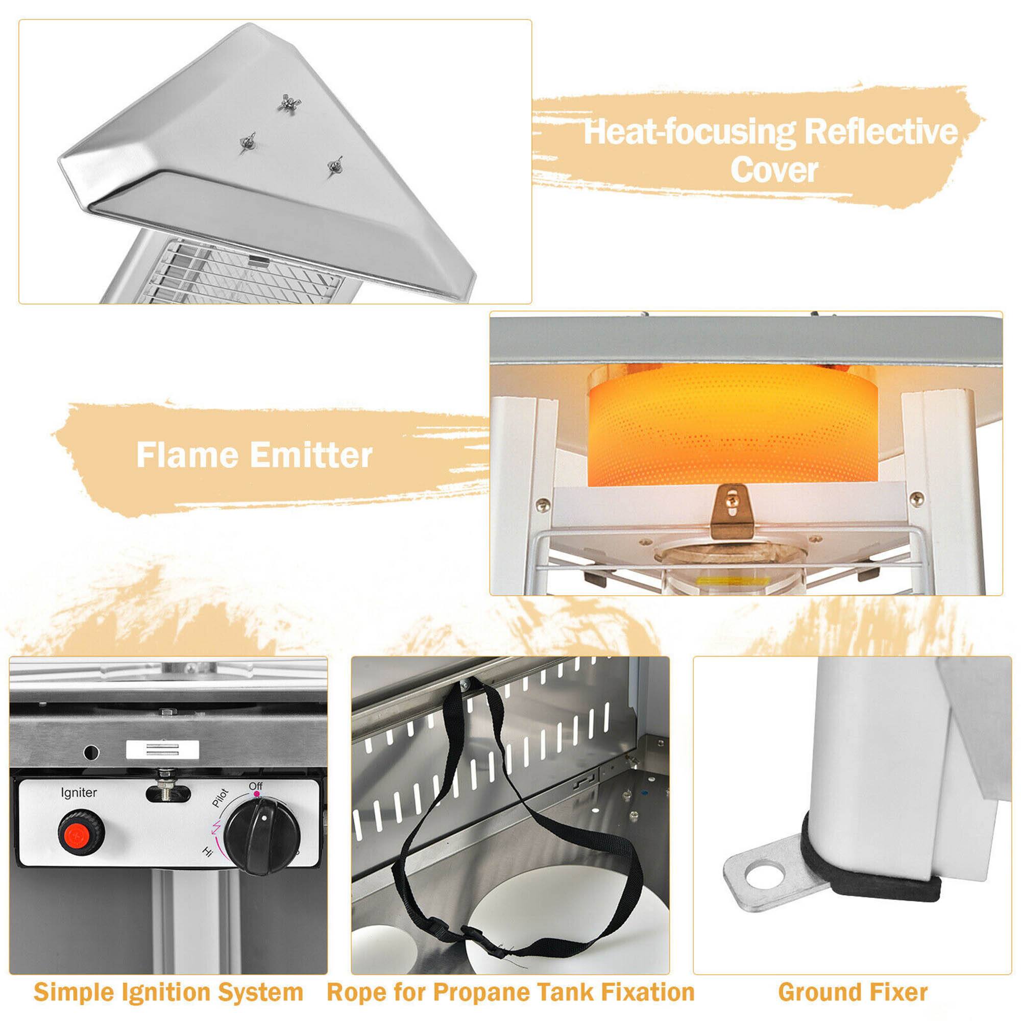 Heat-focusing Reflective Cover  
Flame Emitter  
Simple Ignition System  
Rope for Propane Tank Fixation  
Ground Fixer