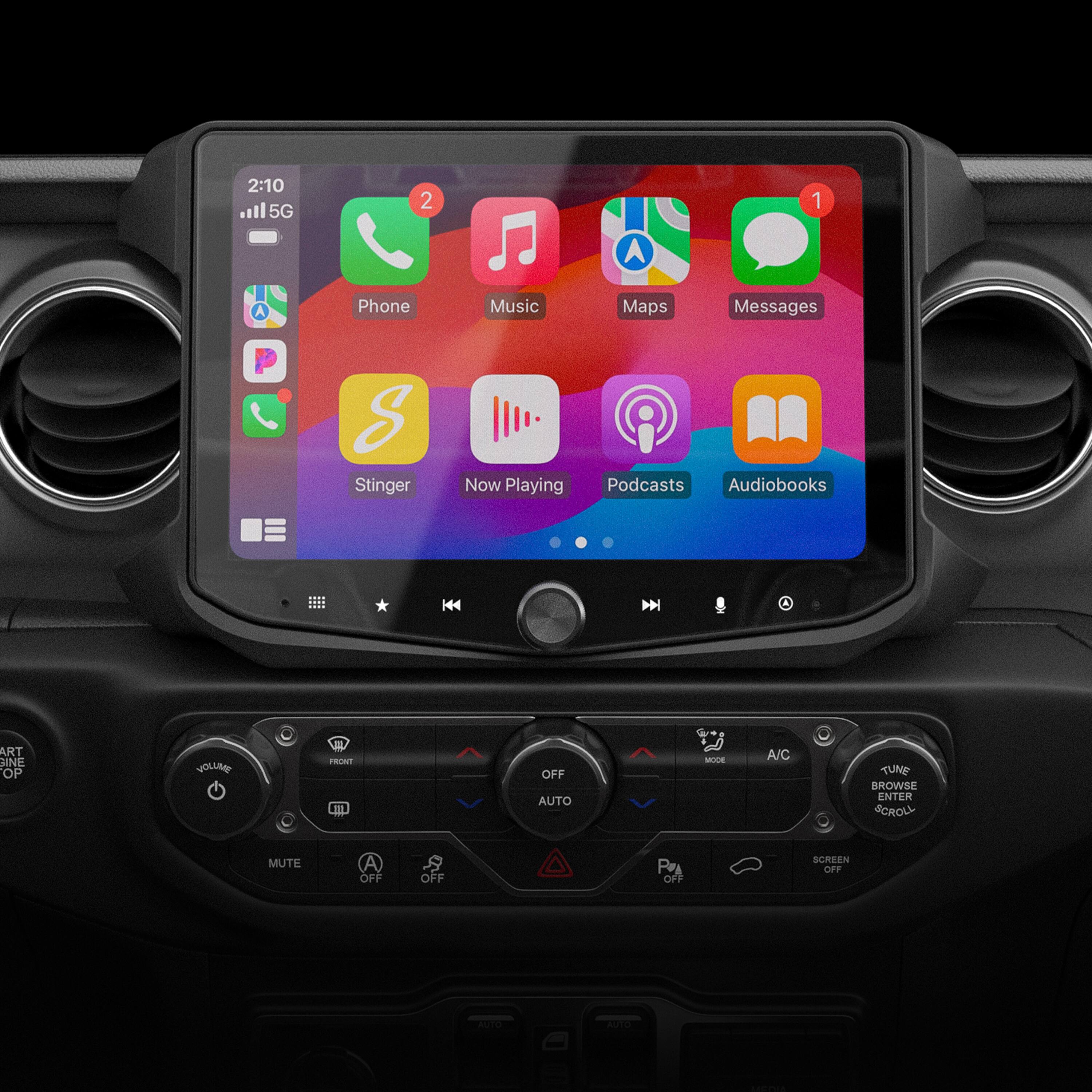 The text on the image is grouped and corrected as follows:

1. 2:10 ill 5G
2. Phone
3. Music
4. Maps
5. Messages
6. Stinger
7. Now Playing
8. Podcasts
9. Audiobooks
10. K4 D ART INE OP VOLLAR  FRNT m OFF AUTO MODE A/C TUNE BROWSE ENTER SCROLL MUTE OFF OFF P OFF SCREEN OFF

The corrected text is organized into groups of related items, such as communication apps (Phone, Messages), entertainment apps (Music, Podcasts, Audiobooks), and navigation apps (Maps). The last group contains settings and controls for the car's audio system and display.