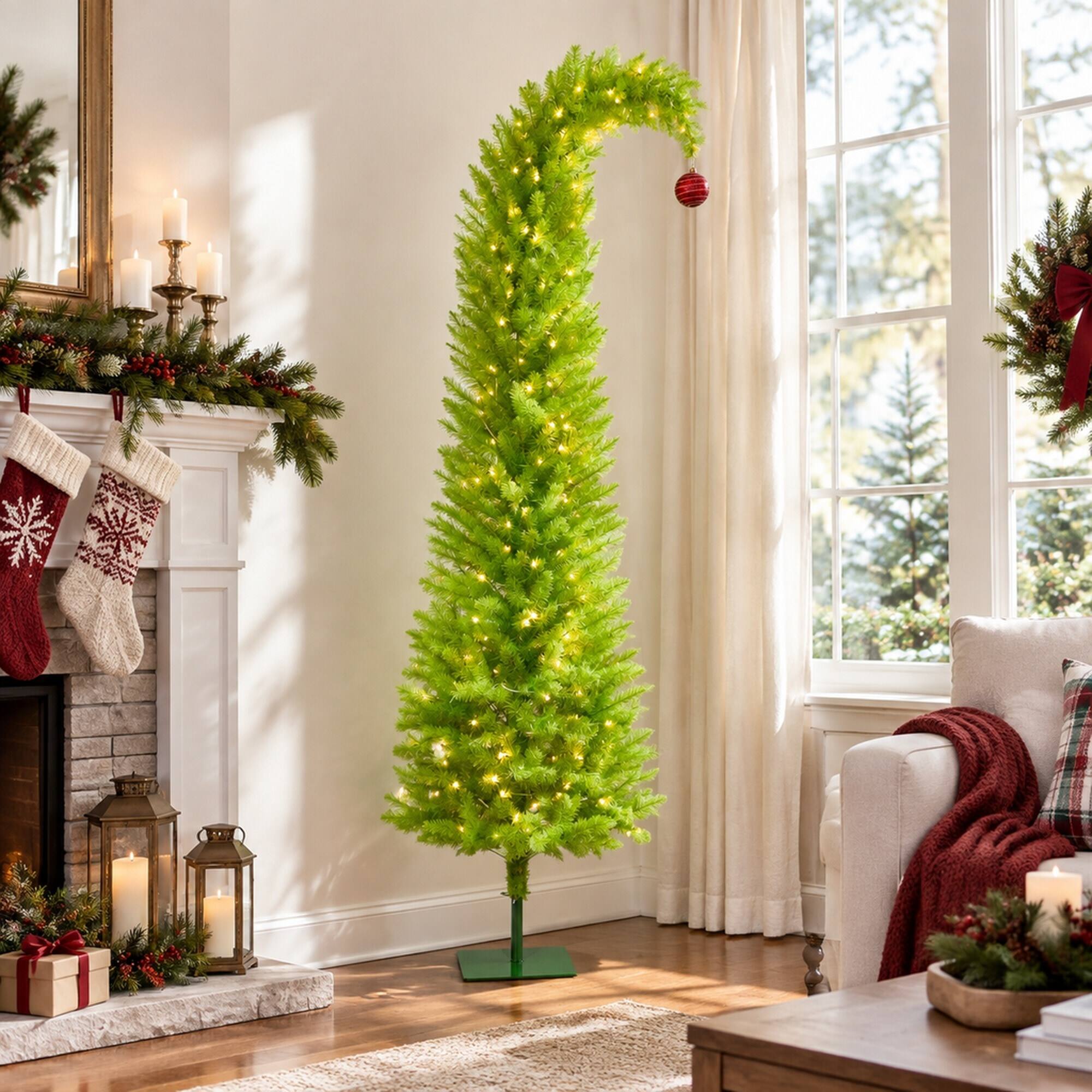 Back. RYHNUYNE - 6FT Pre-Lit Whimsical Pencil Christmas Tree With 230 LED Lights and Red Balls, Metal Base - Green.