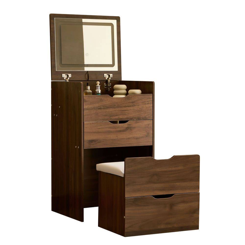 Front. Kadyn - 3-in-1 Flip Top Vanity Desk with Mirror, Drawers and Stool - Walnut - Brown.