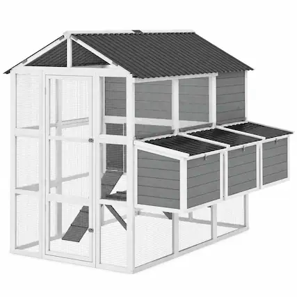 Front. RYHNUYNE - Wooden Chicken Coop, 77 x 68.9 x 73 in, Fir Wood and Galvanized Mesh, Walk-In Hen House with Nesting Boxes.