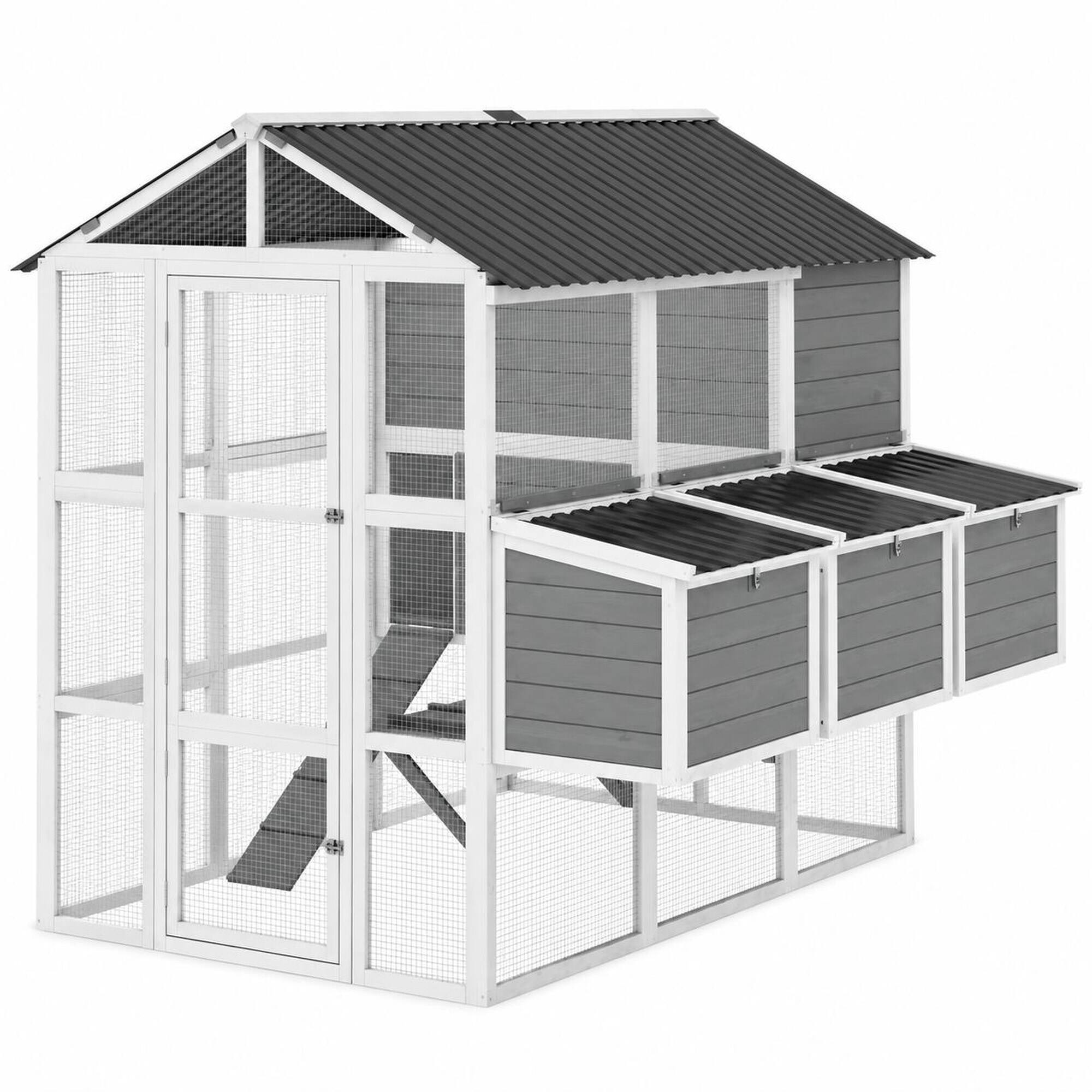 Front. RYHNUYNE - Wooden Chicken Coop, 77 x 68.9 x 73 in, Fir Wood and Galvanized Mesh, Walk-In Hen House with Nesting Boxes.