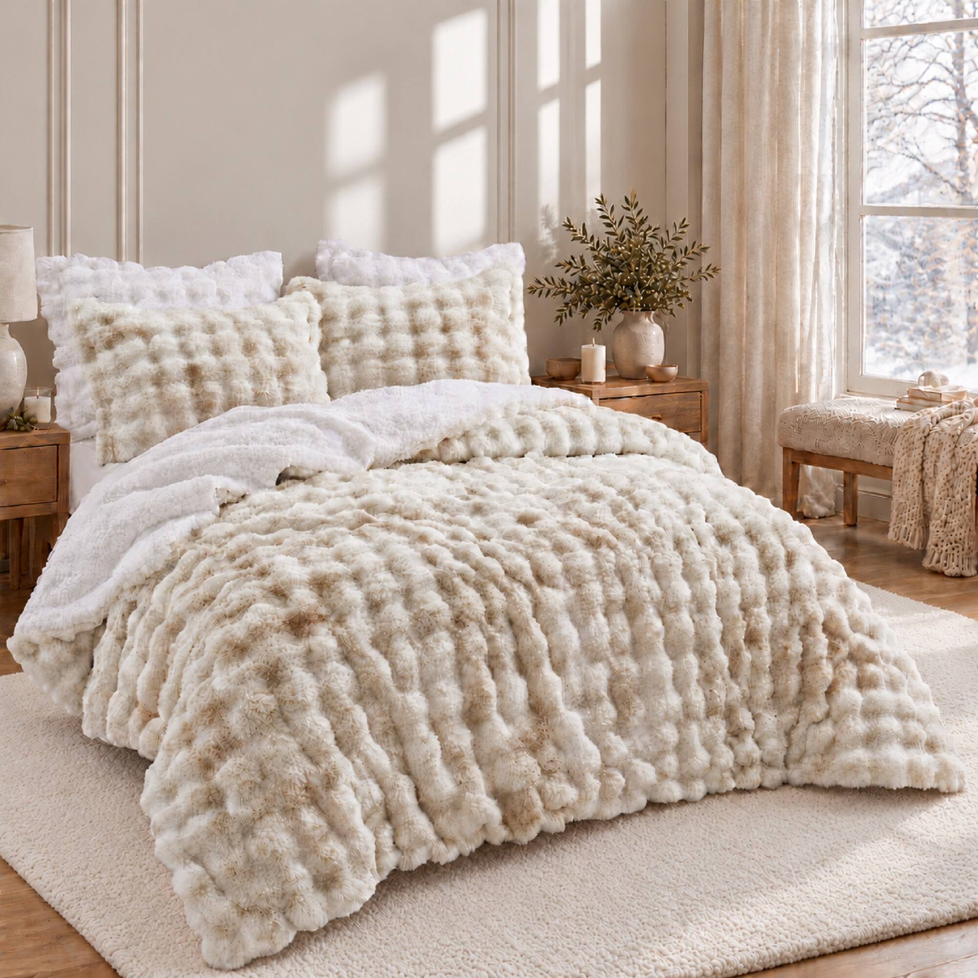 Angle. Peace Nest - Peace Nest Ultra-Soft Faux Fur Comforter Set with Plush Tie-Dye & Reversible Sherpa, Beige, Queen - Beige.