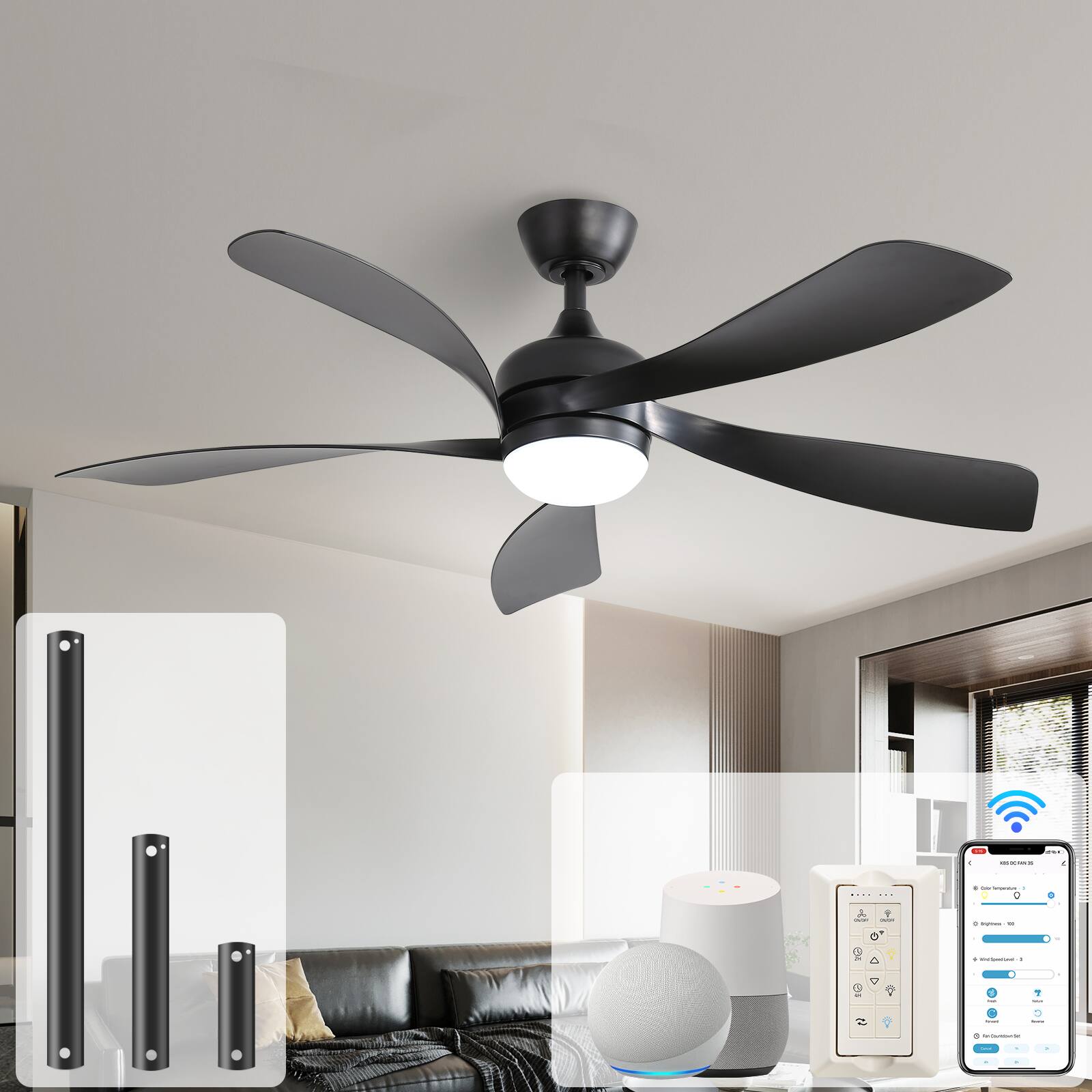Sofucor - 52 Inch Smart Ceiling Fan Light Kits with Remote/APP/Alexa Control Low Profile Ceiling Fan Reversible DC Dimmable LED - Black